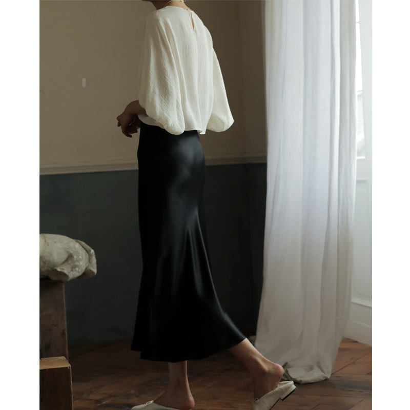 Beige Satin High-Rise A-Line Midi Skirt