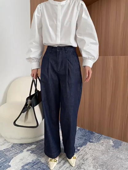 French Retro Round Neck Pleated Loose Long-Sleeved Shirt