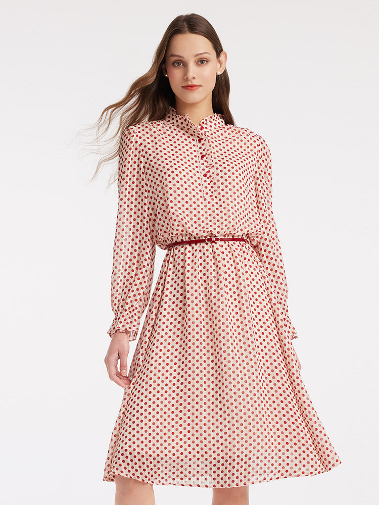 Gathered Waist Chiffon Polka Dot Midi Dress