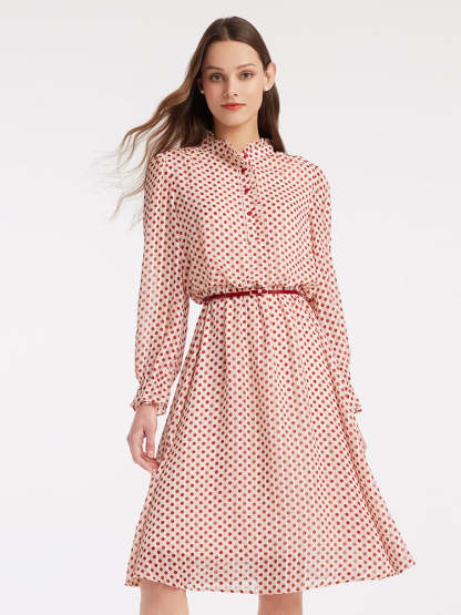 Gathered Waist Chiffon Polka Dot Midi Dress