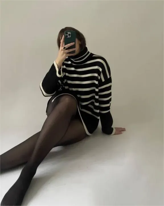 White Roll Neck Striped Ribbed Pullover Sweater