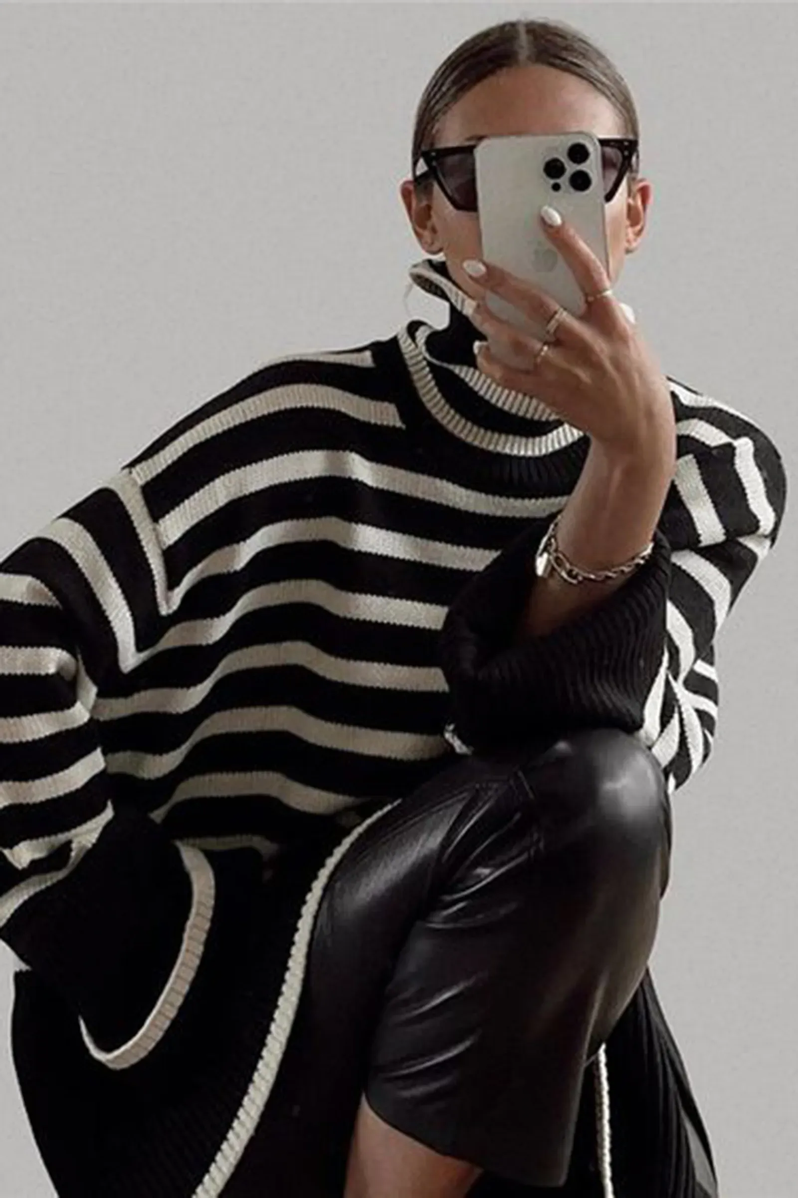 White Roll Neck Striped Ribbed Pullover Sweater