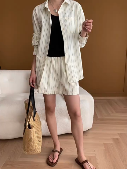 Vertical Striped Shirt Shorts Sunscreen Two-piece Set