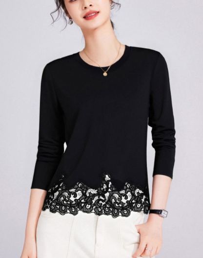 Lace Panel High Neck Long Sleeve Knit Top