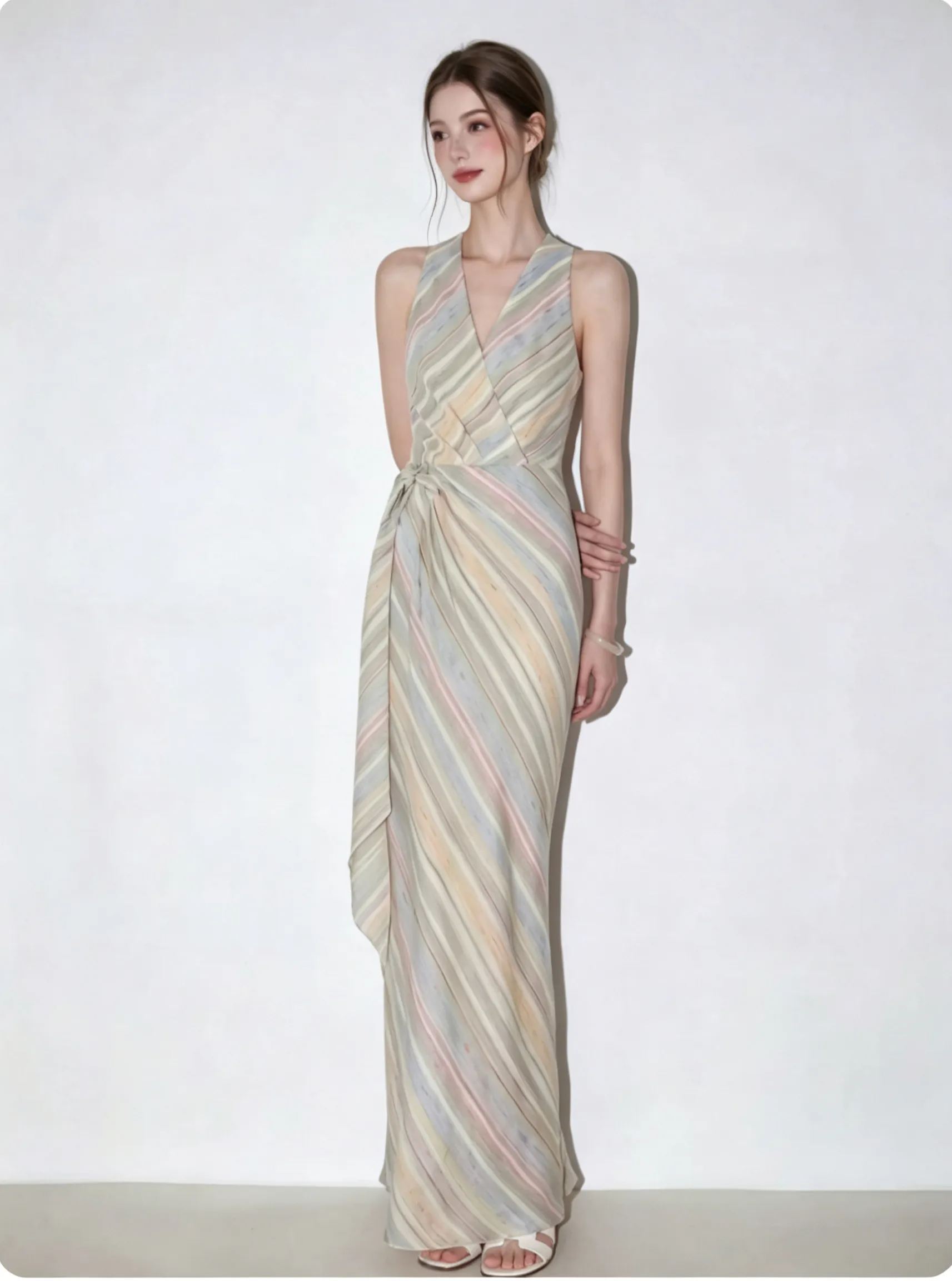 Colorful Stripe Halter Tie-Back Maxi Dress