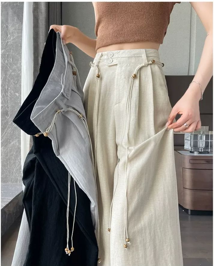 Belted Linen Wide Leg Pants