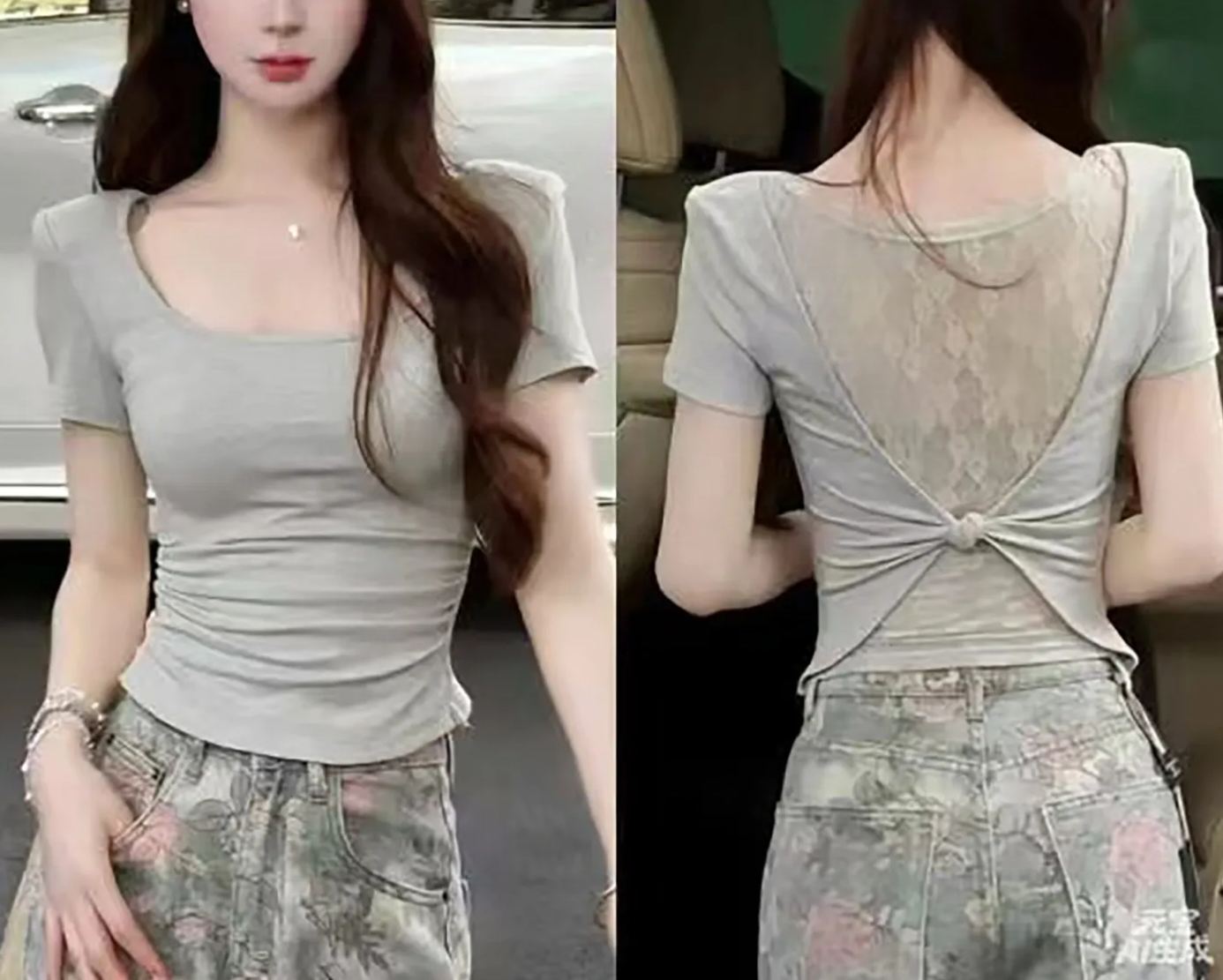 Lace Panel Twisted Short Sleeve Top