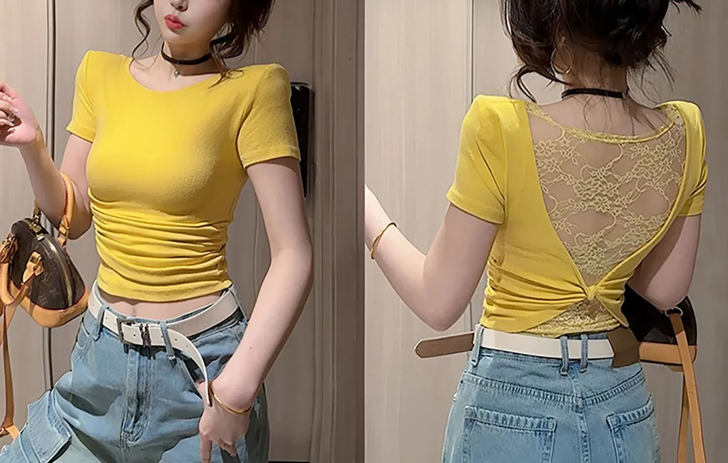 Lace Panel Twisted Short Sleeve Top