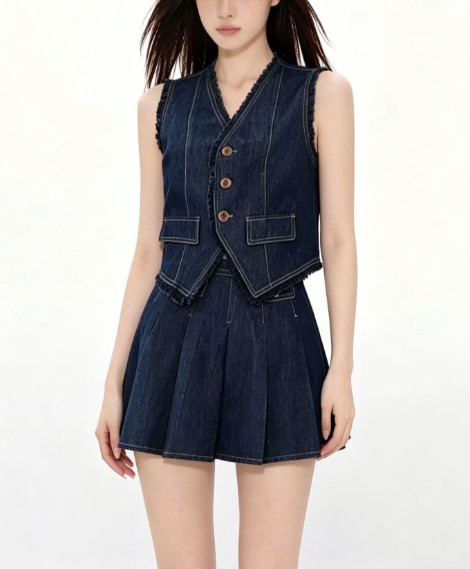 Denim Sleeveless Pleated Mini Dress
