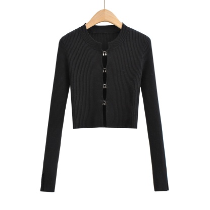 Metal Button Ribbed Fitted Sweater