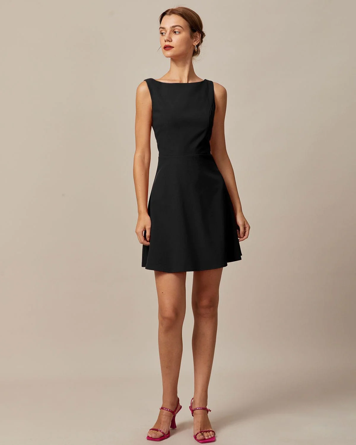 Black Sleeveless Boat Neck Mini Dress