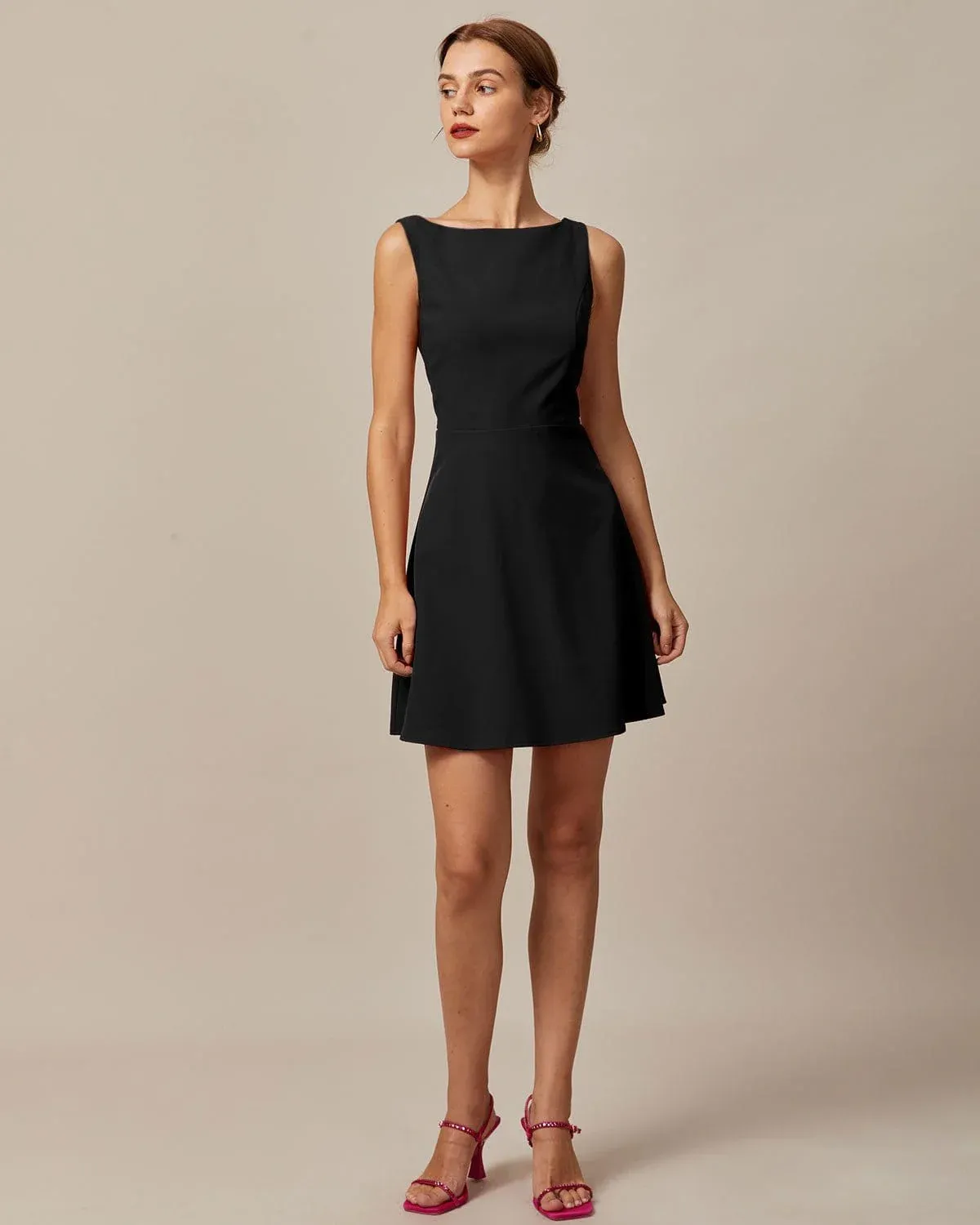 Black Sleeveless Boat Neck Mini Dress