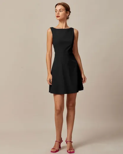 Black Sleeveless Boat Neck Mini Dress