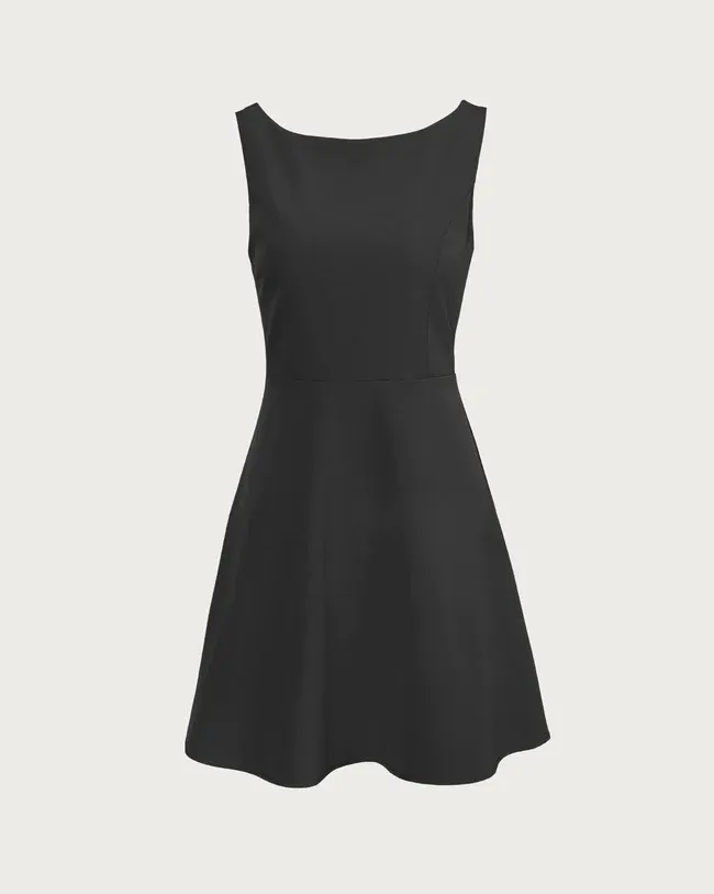 Black Sleeveless Boat Neck Mini Dress