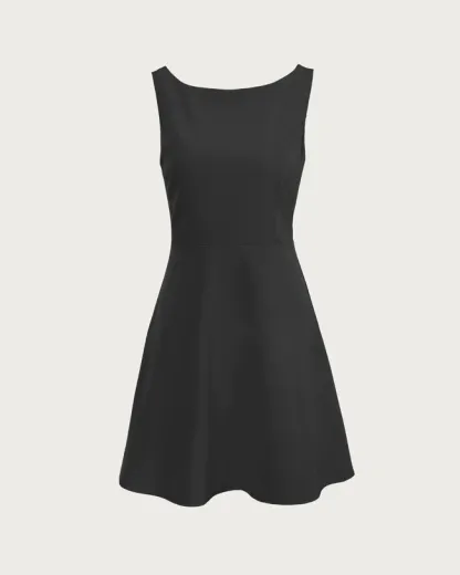 Black Sleeveless Boat Neck Mini Dress