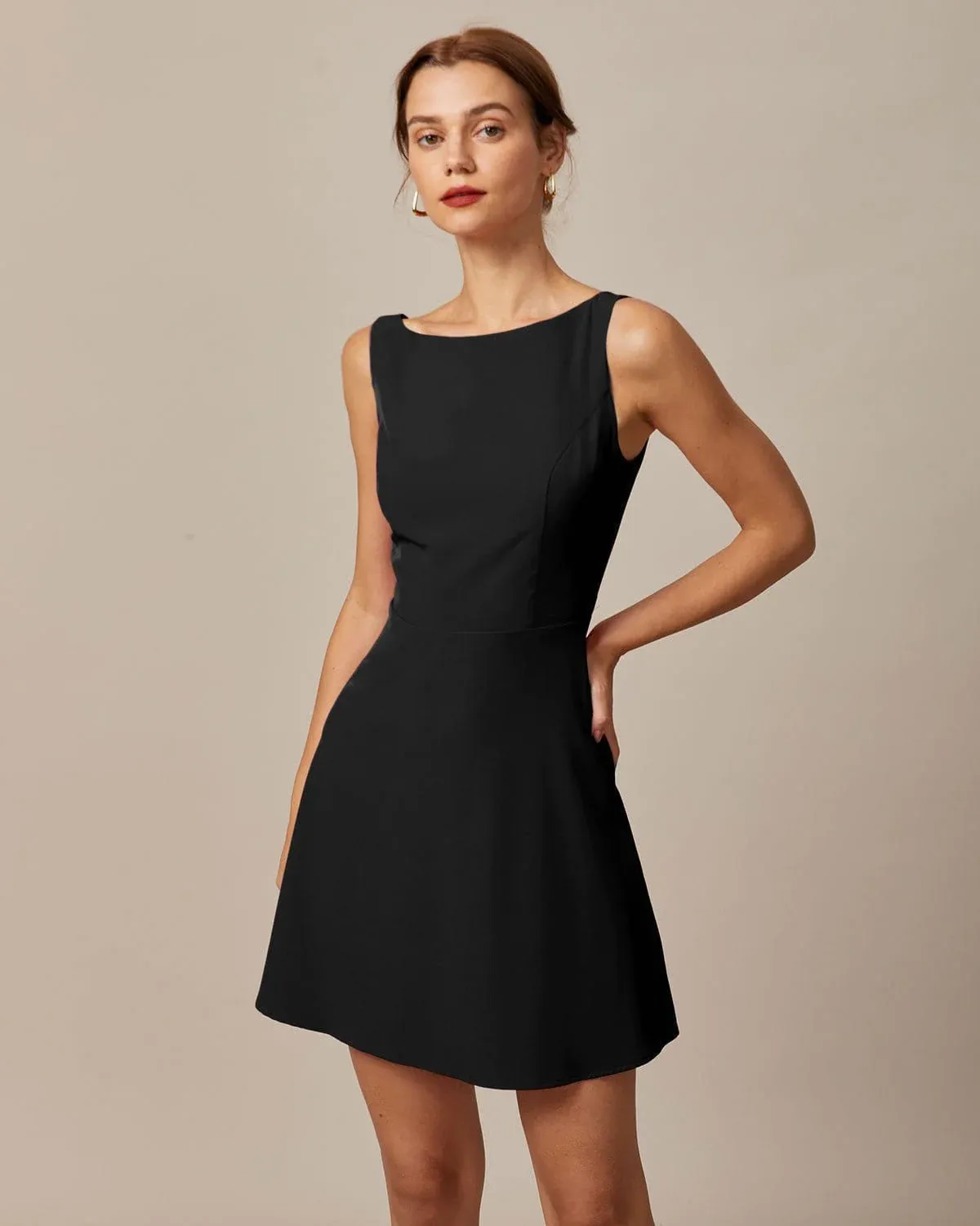 Black Sleeveless Boat Neck Mini Dress