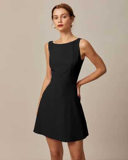 Black Sleeveless Boat Neck Mini Dress
