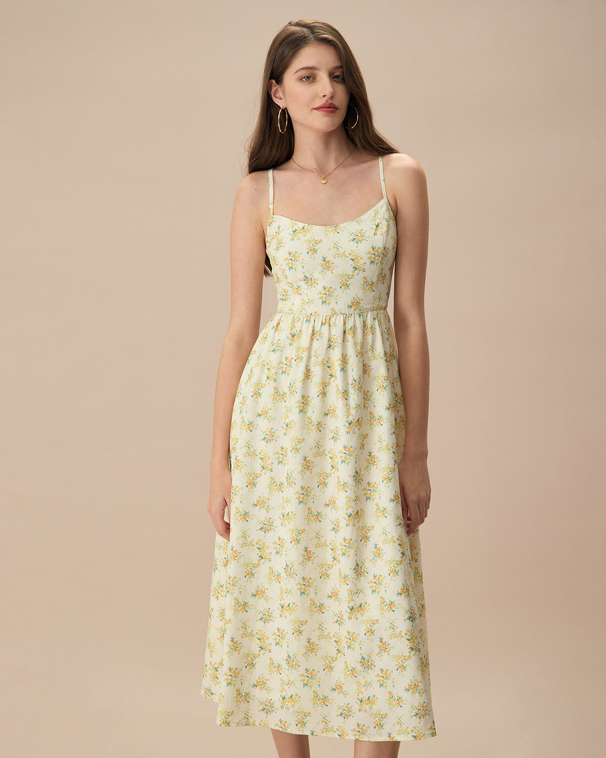 The Yellow Ruched Floral Slip Midi Dress-J.ING