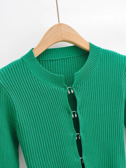 Metal Button Ribbed Fitted Sweater