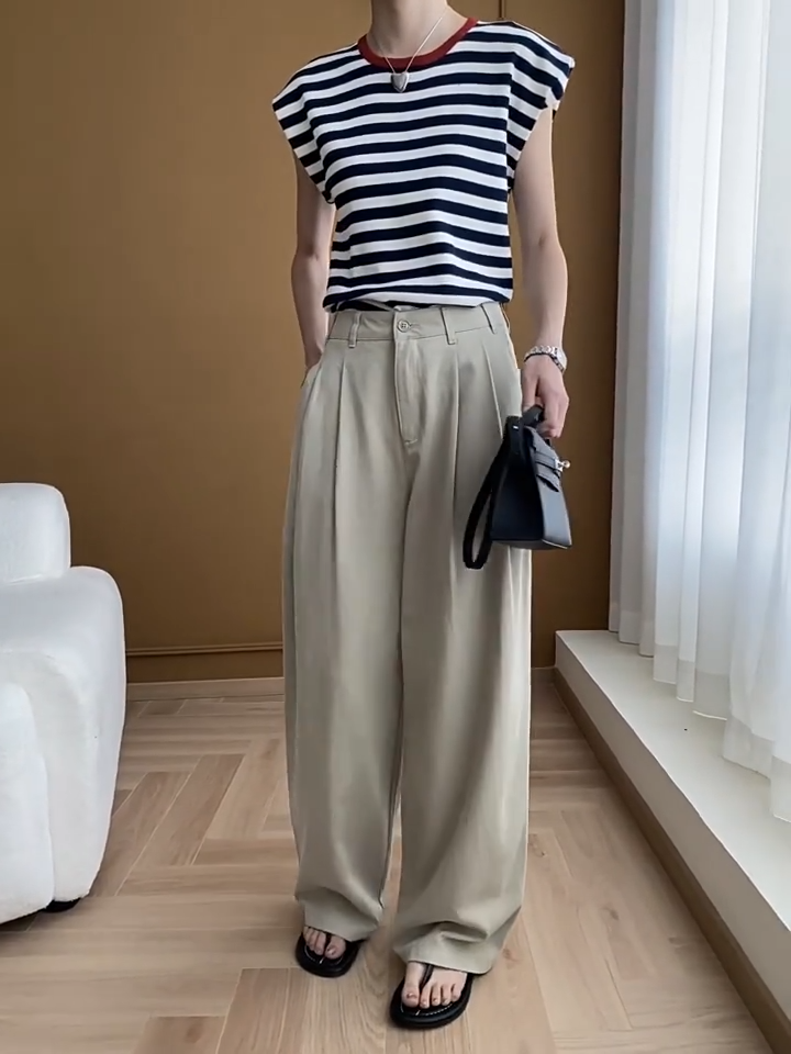 French Layered Striped Small Fly Sleeve Crew Neck Knitted Sweater T-Shirt