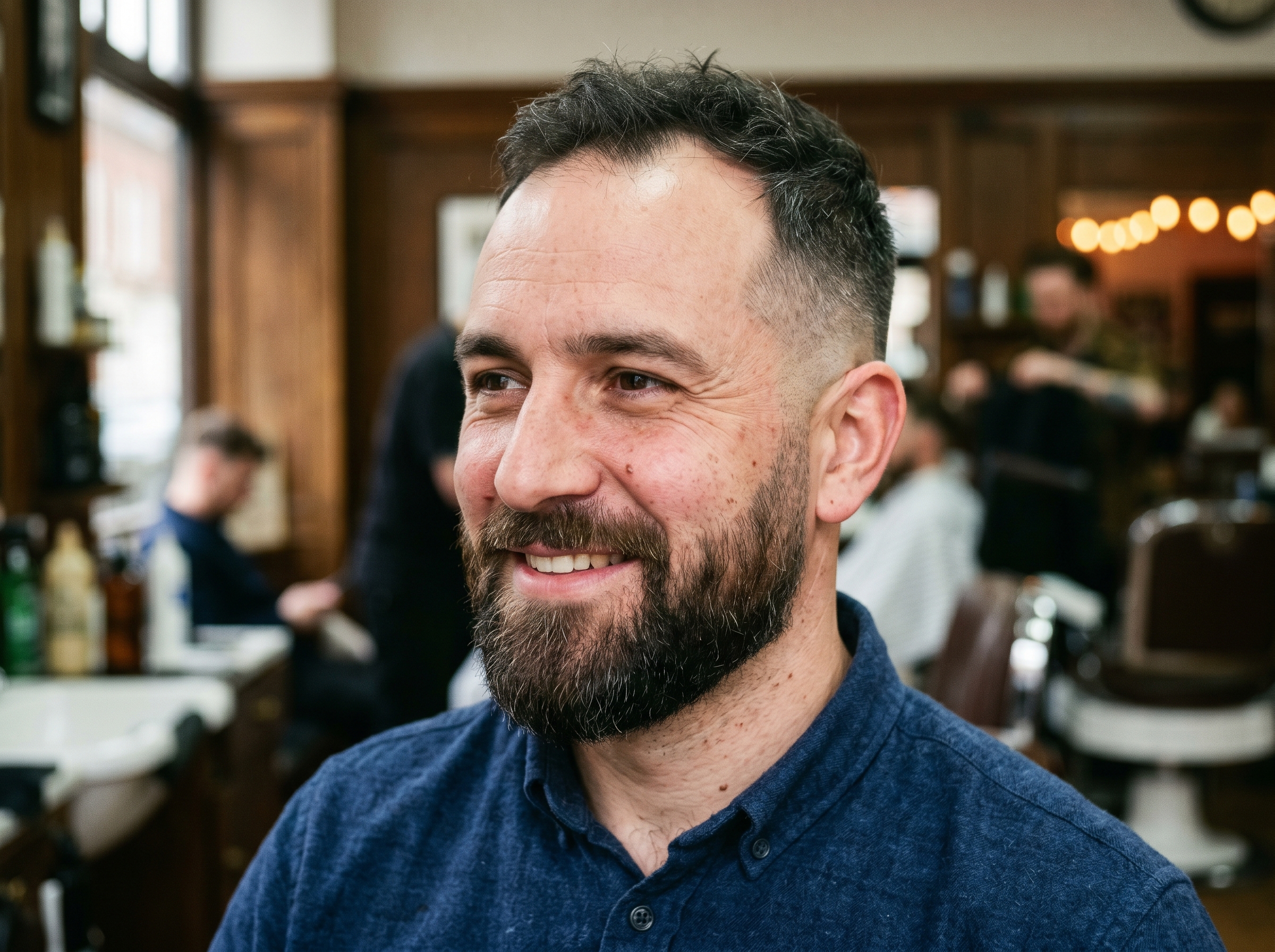A man with advanced recession in a short top with a skin fade paired with a full groomed beard along the jaw