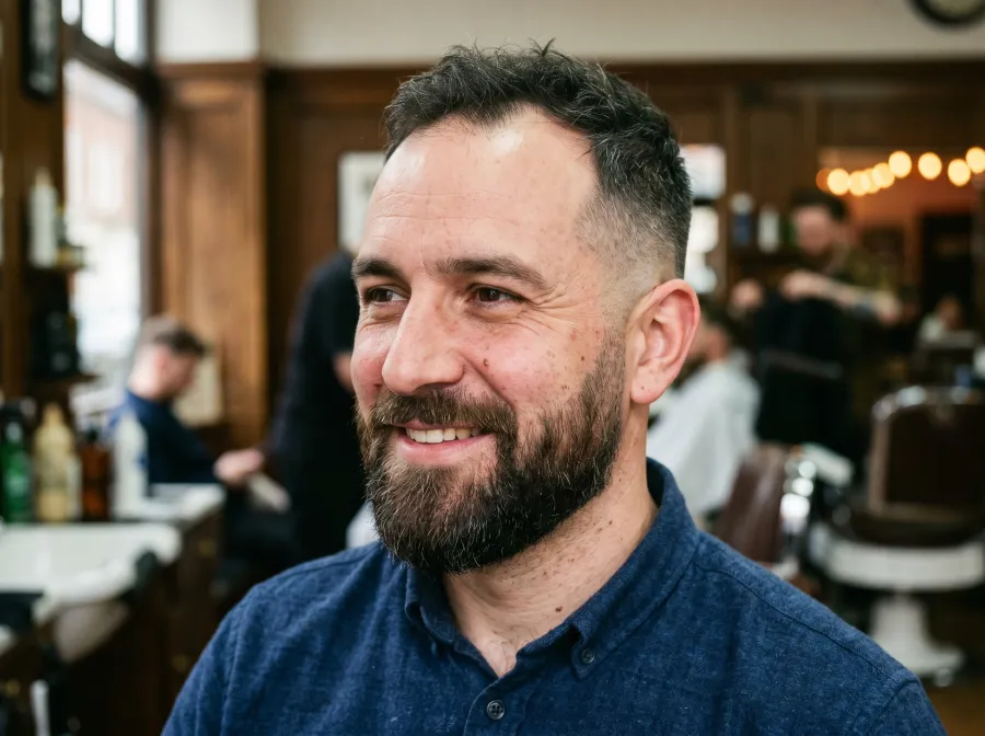 A man with advanced recession in a short top with a skin fade paired with a full groomed beard along the jaw