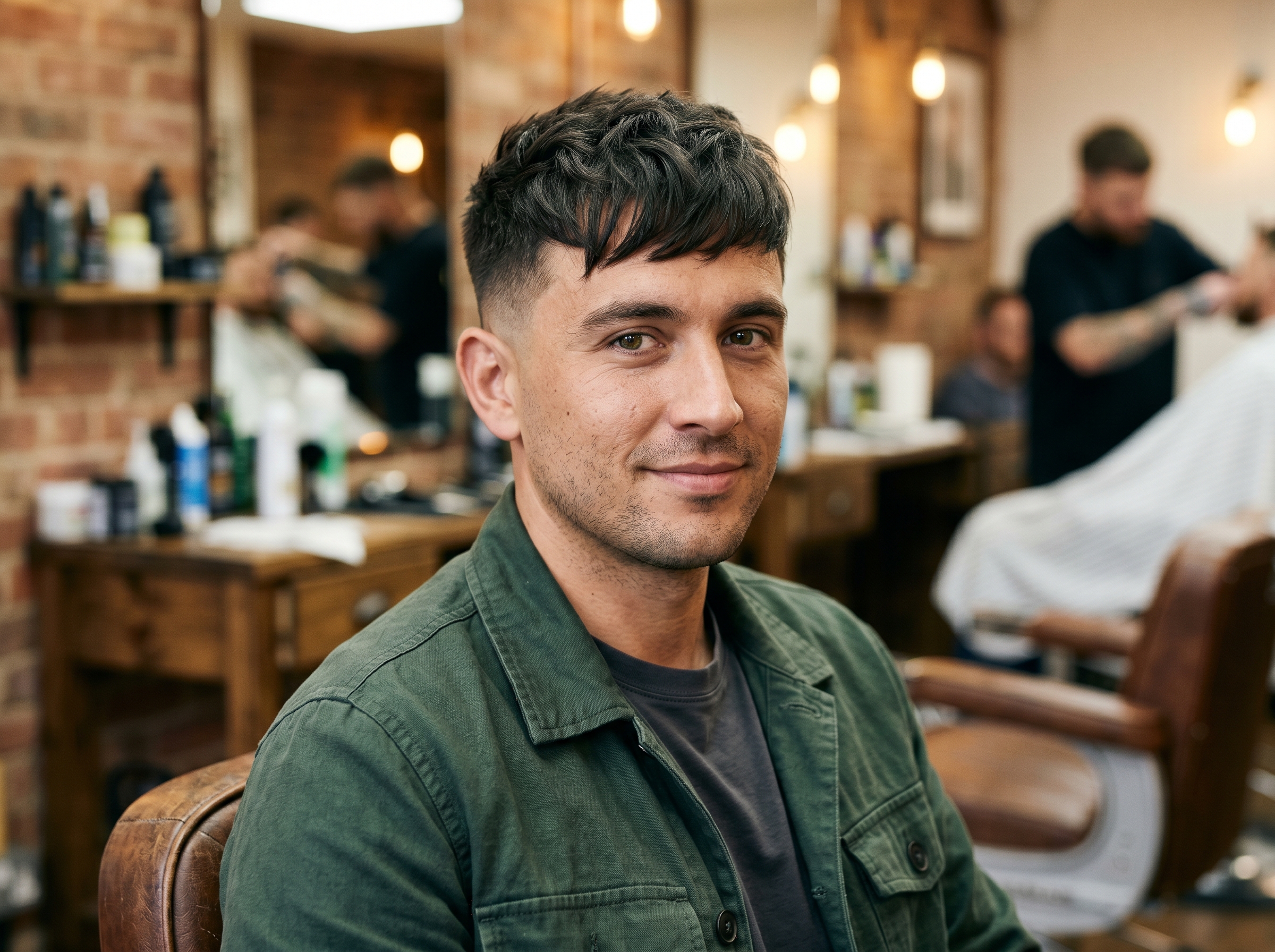 A man with moderate recession in a French crop, textured fringe brushed forward over the temples, faded sides