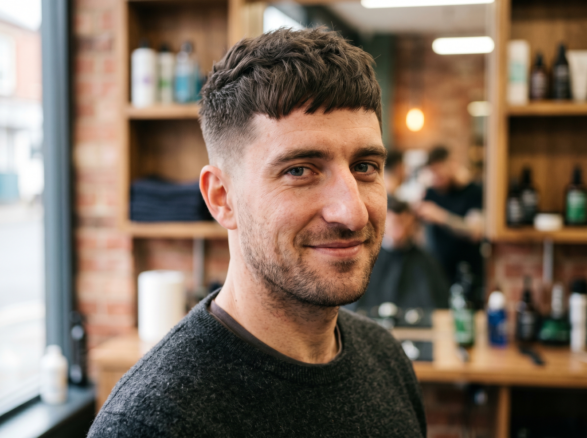 A man with a textured French crop and faded sides, a modern cut that flatters a larger nose
