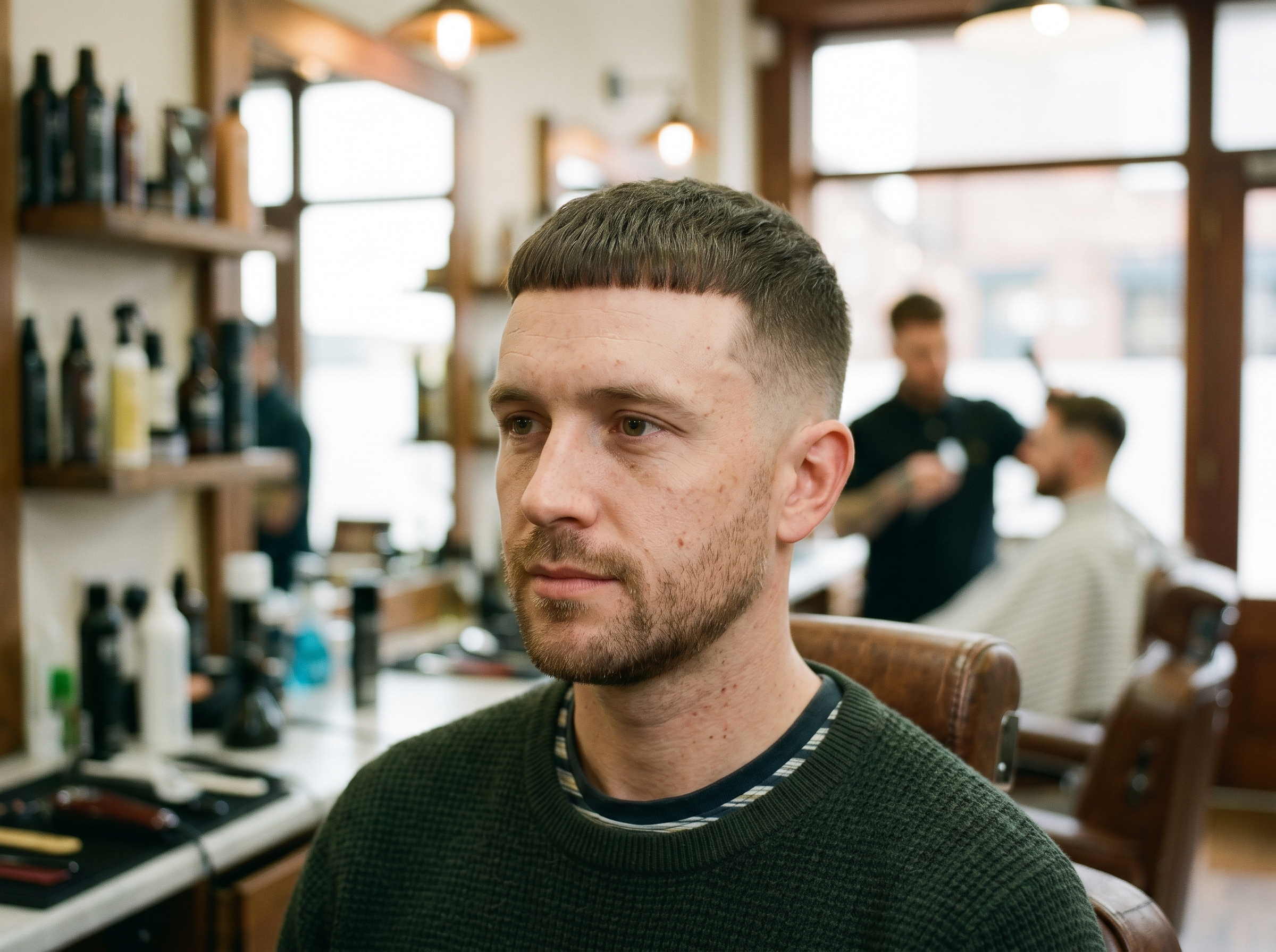 A man with moderate recession in a Caesar cut with a short blunt straight fringe across the forehead