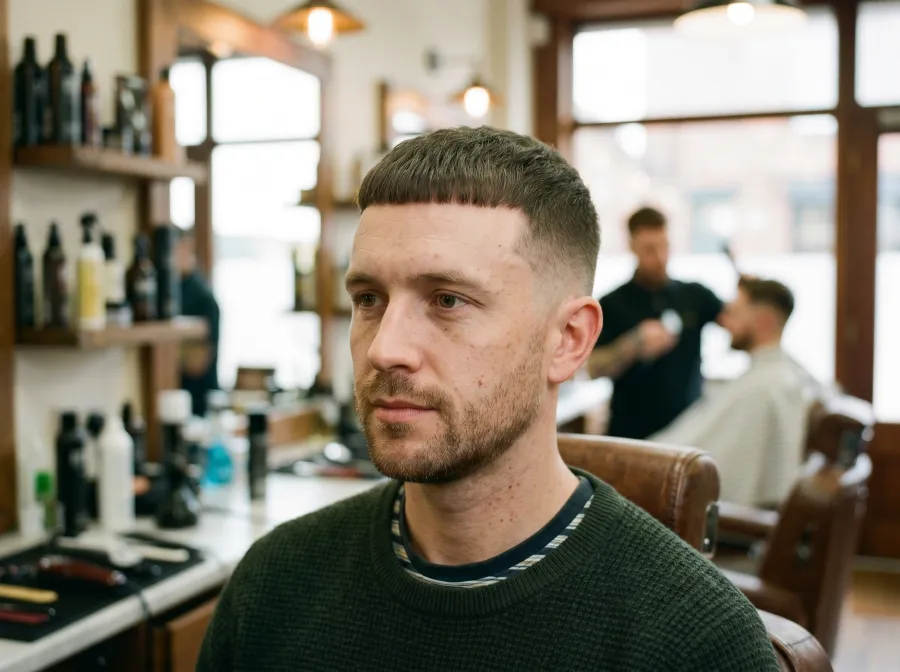 A man with moderate recession in a Caesar cut with a short blunt straight fringe across the forehead