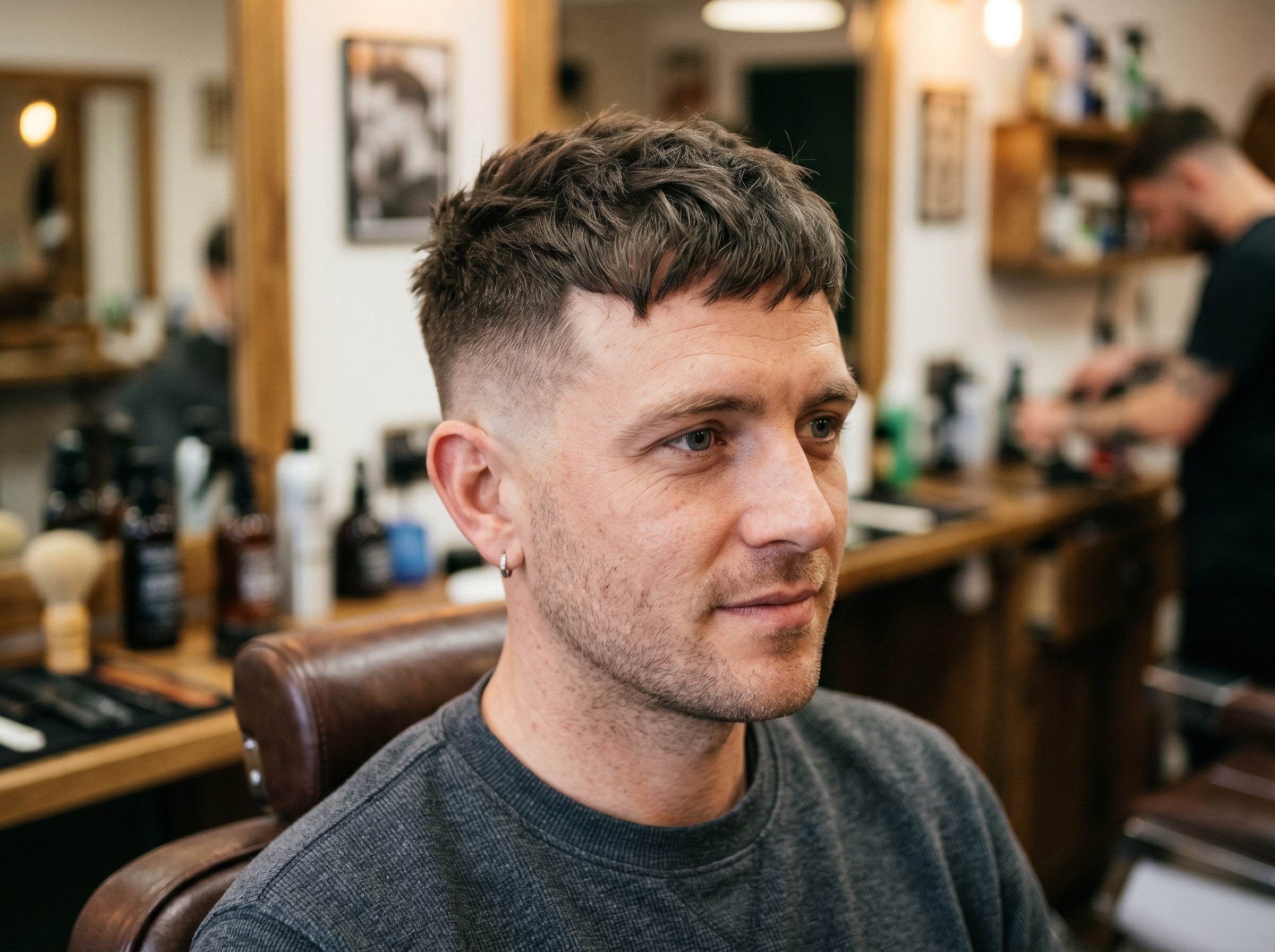 A man with moderate temple recession in a choppy textured crop with a short forward fringe and a skin fade