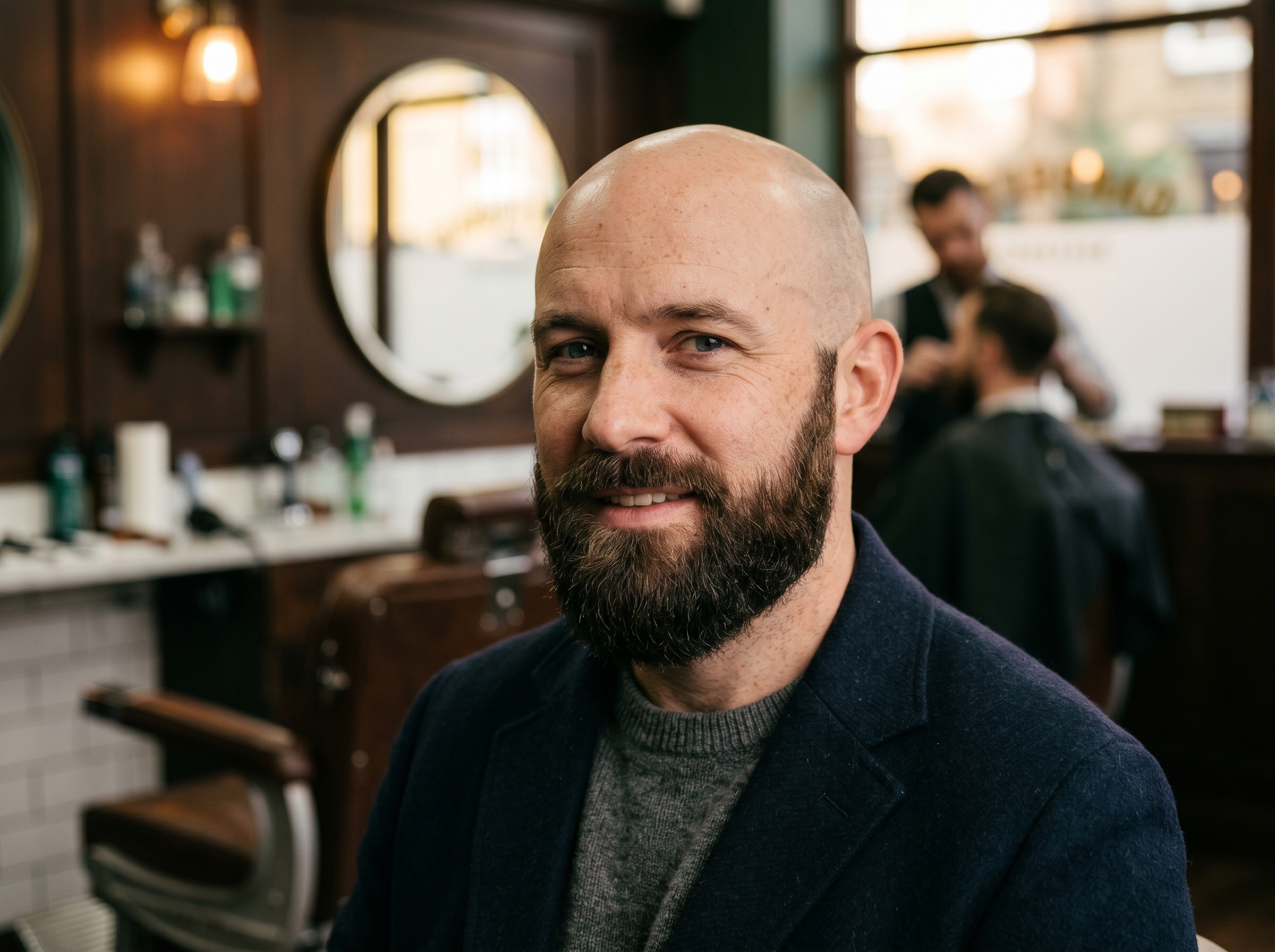 A man with heavy recession with a clean-shaved head and a strong full beard, a confident deliberate look