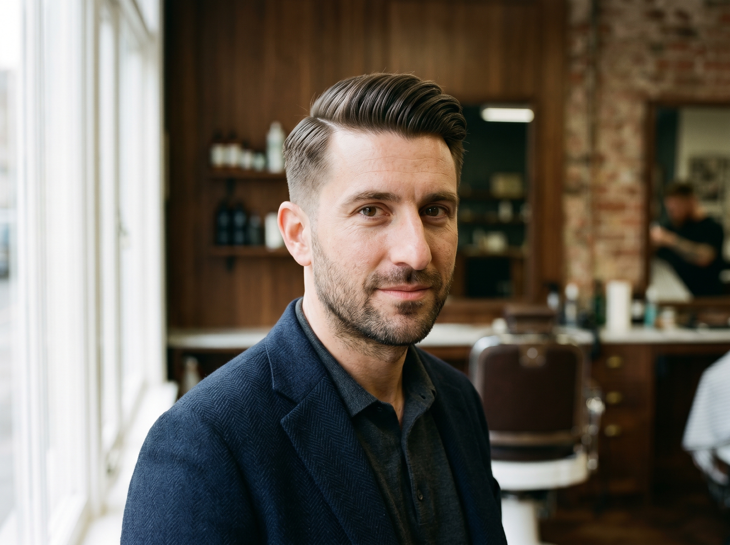 A man with a neat executive side sweep, longer on top swept to one side, balancing strong facial features