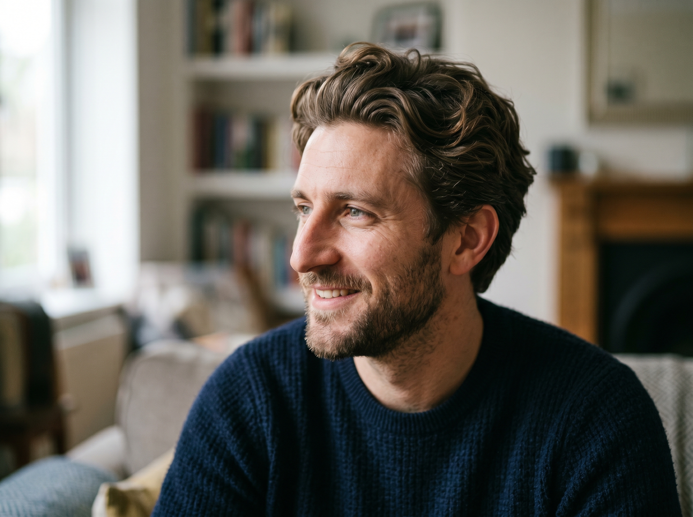 A man with natural styled waves and volume on top, a medium-length look that balances a prominent nose