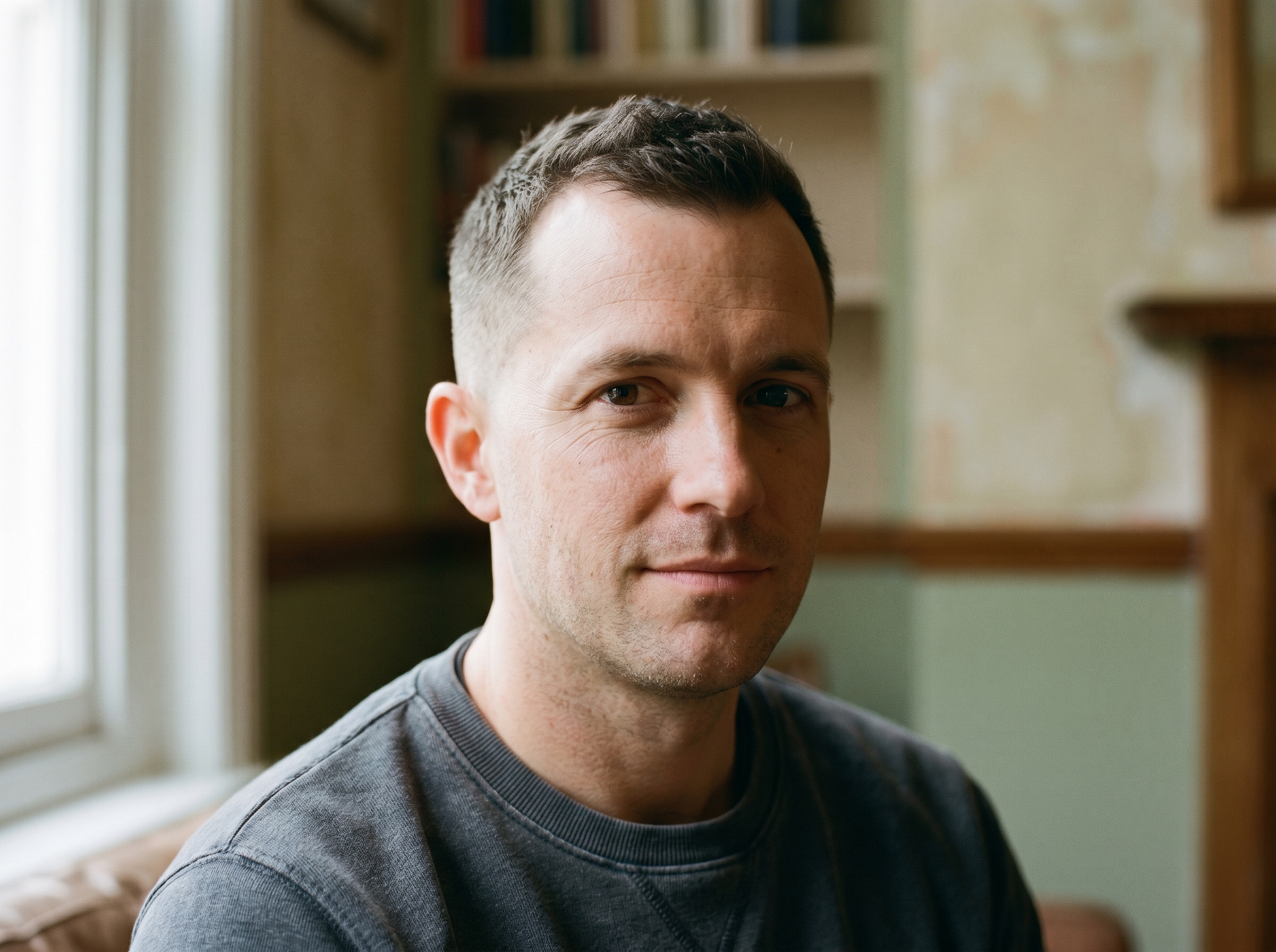 A man with temple recession in a crew cut, short faded sides and a textured top graduating to the crown