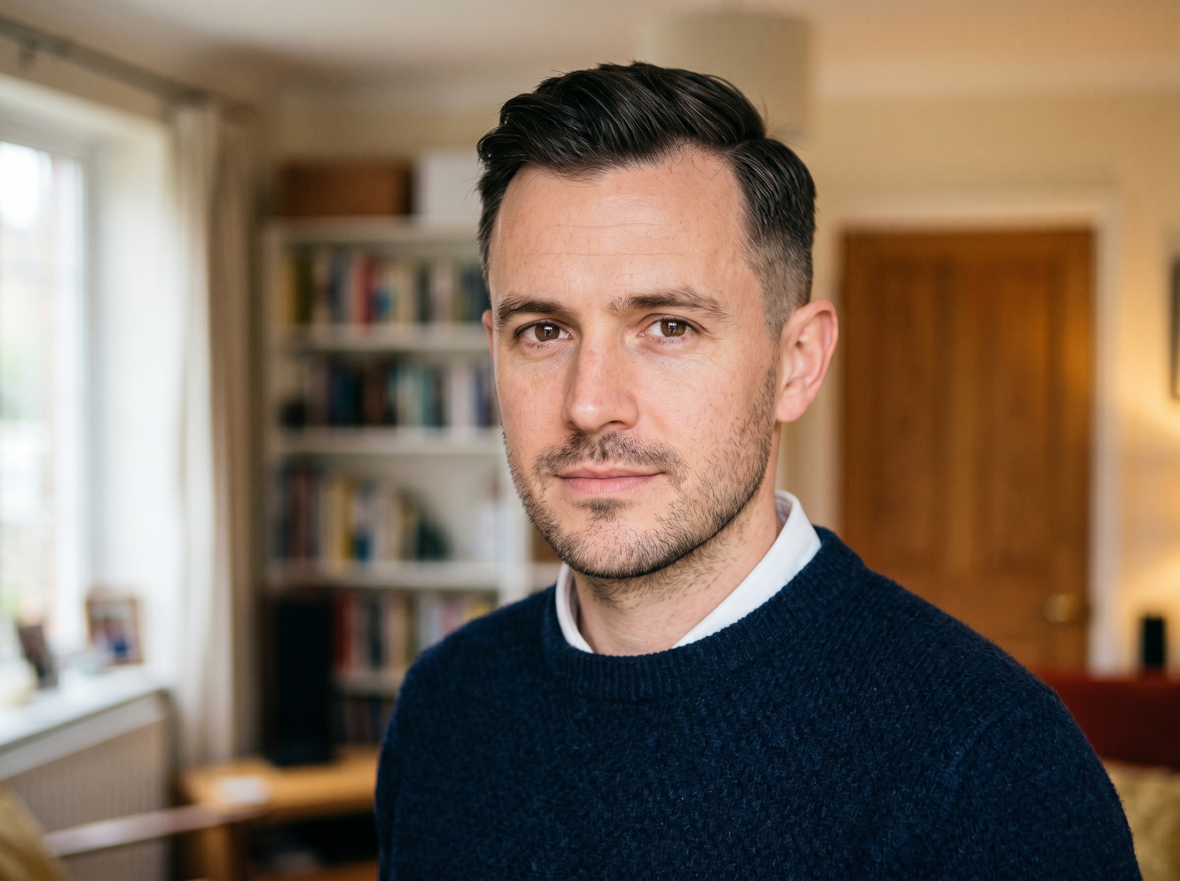 A man with a mature hairline in a smart Ivy League cut, front swept to the side with tapered sides, natural light