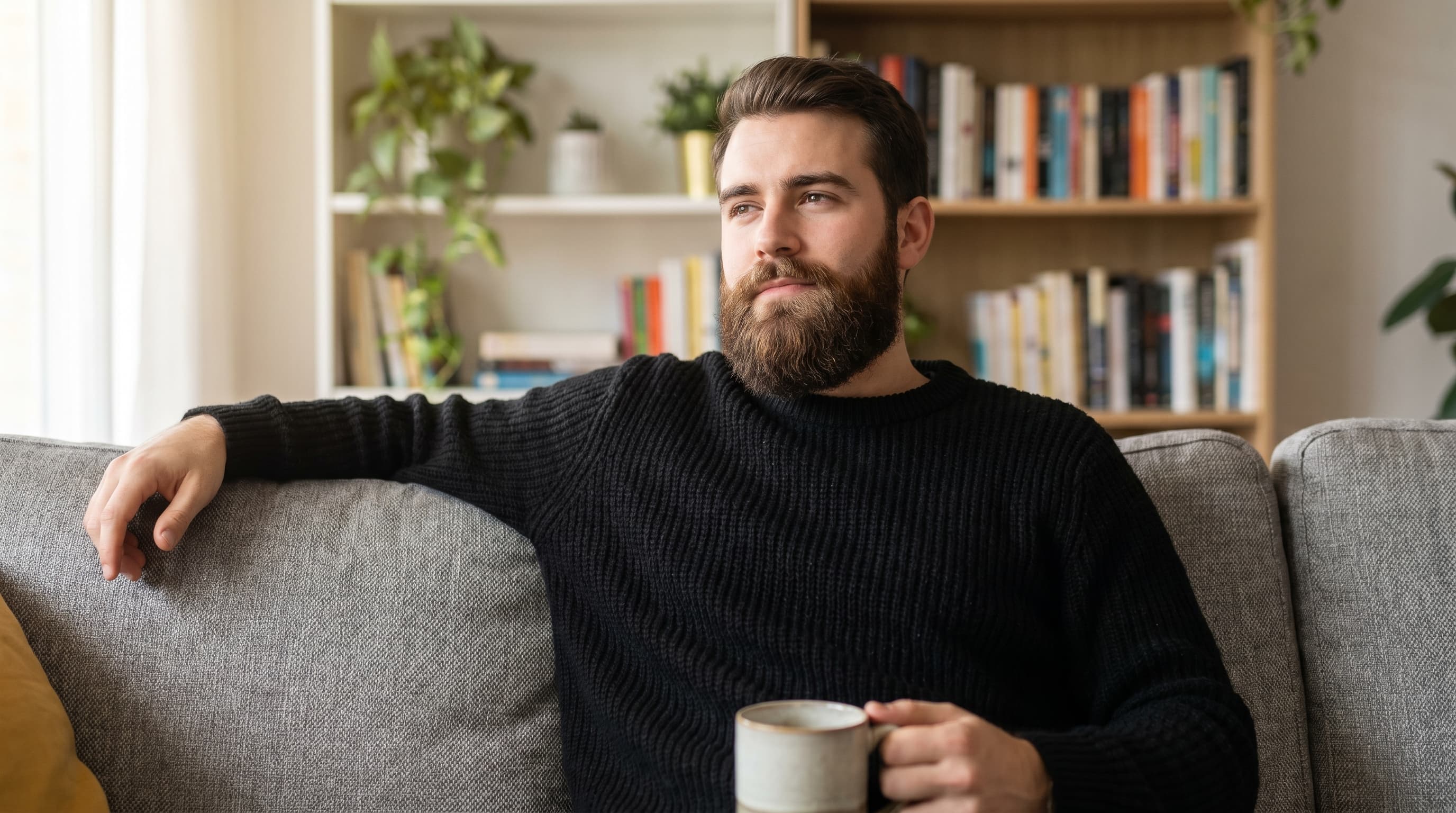 Bearded man in black sweater on grey couch &mdash; beard signals maturity and confidence