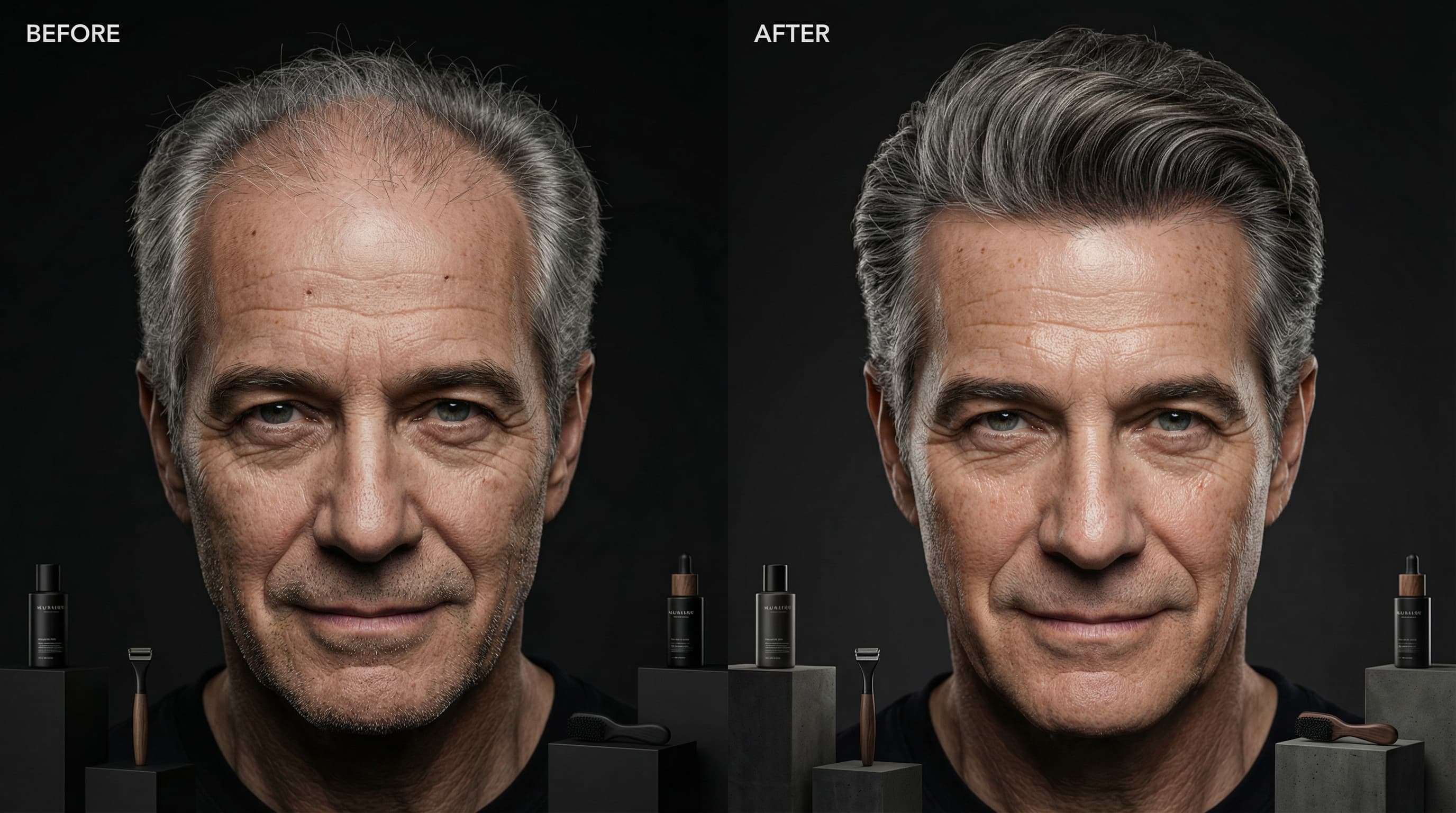 Before and after comparison of a man embracing natural gray hair growth with proper grooming