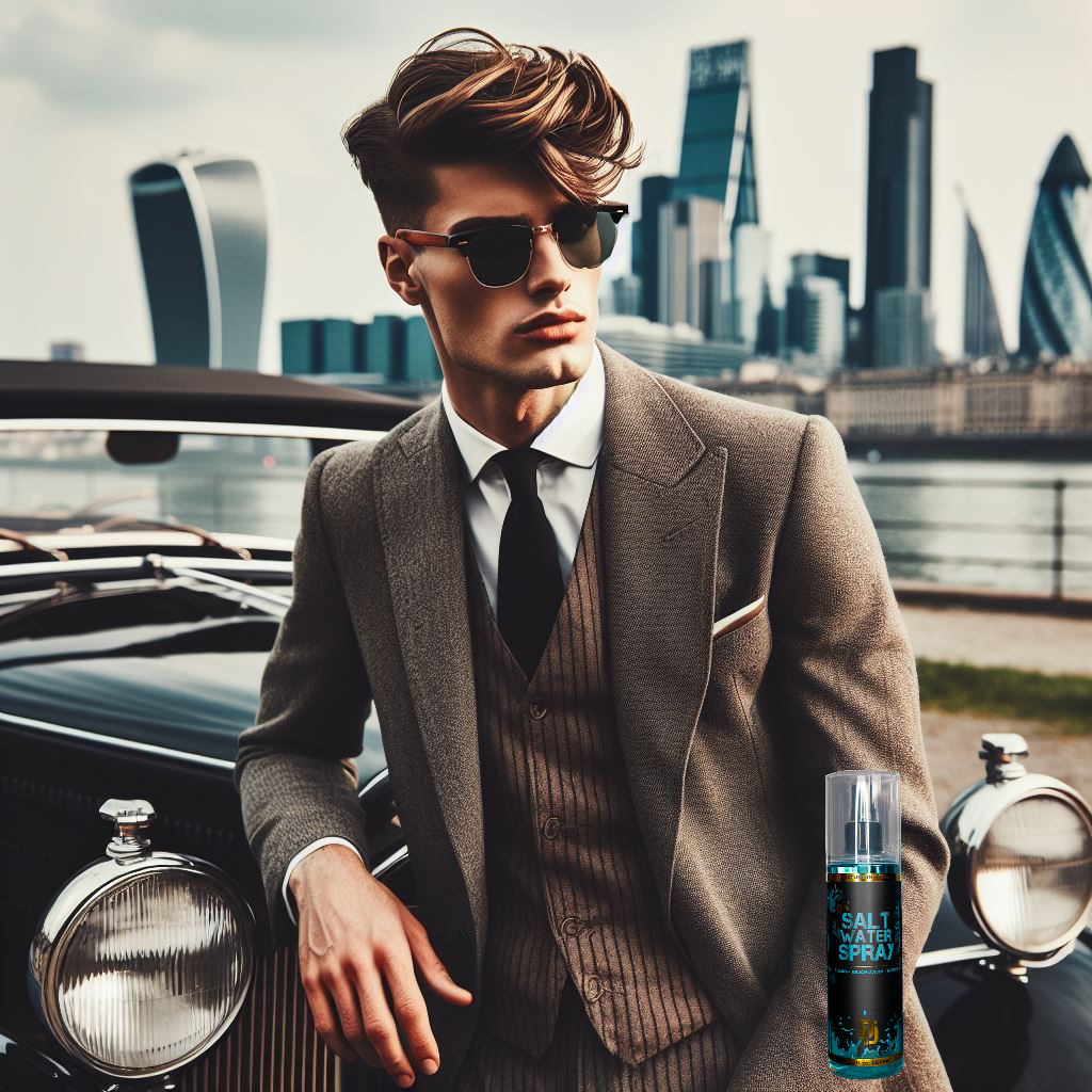 Stylish young man with the French-crop wearing a three-piece suit and resting on a car