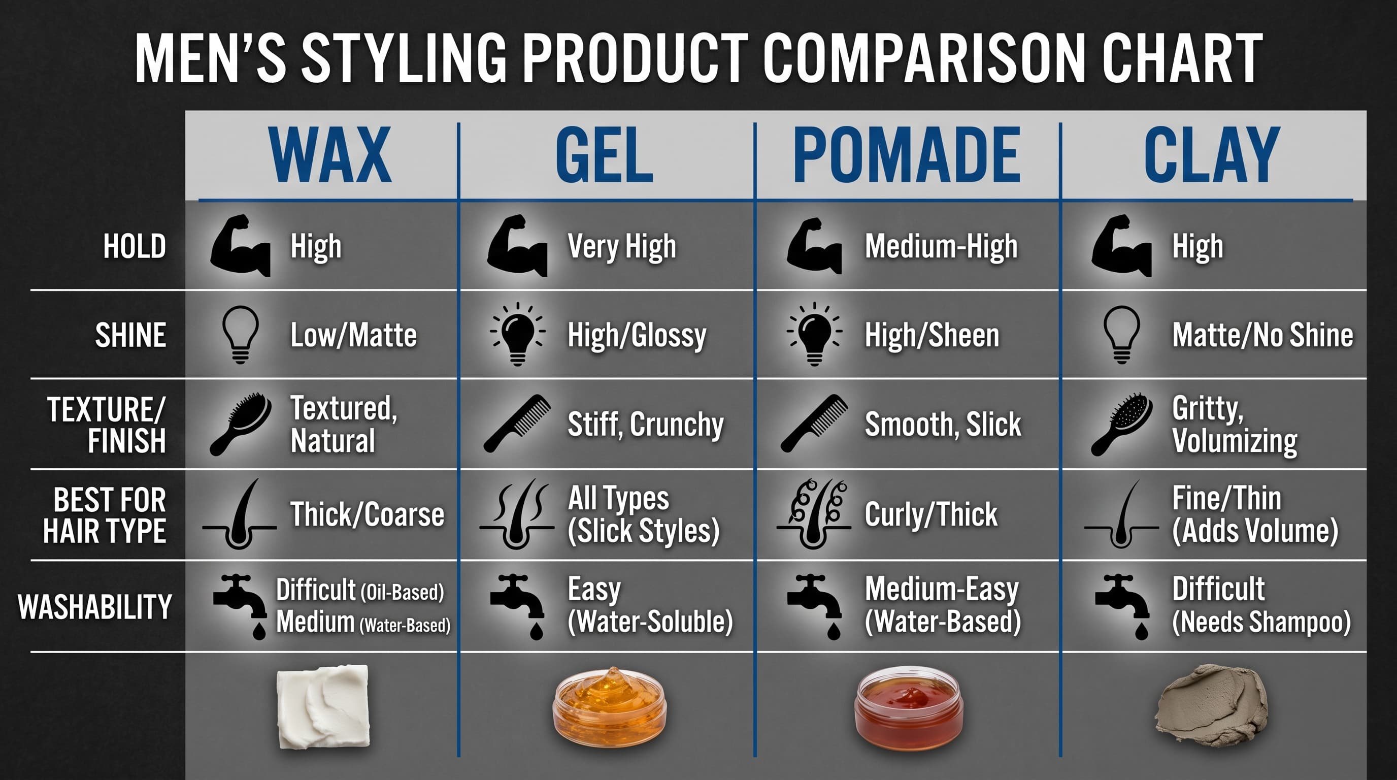 Hair wax vs gel vs pomade vs clay comparison chart for men's styling products