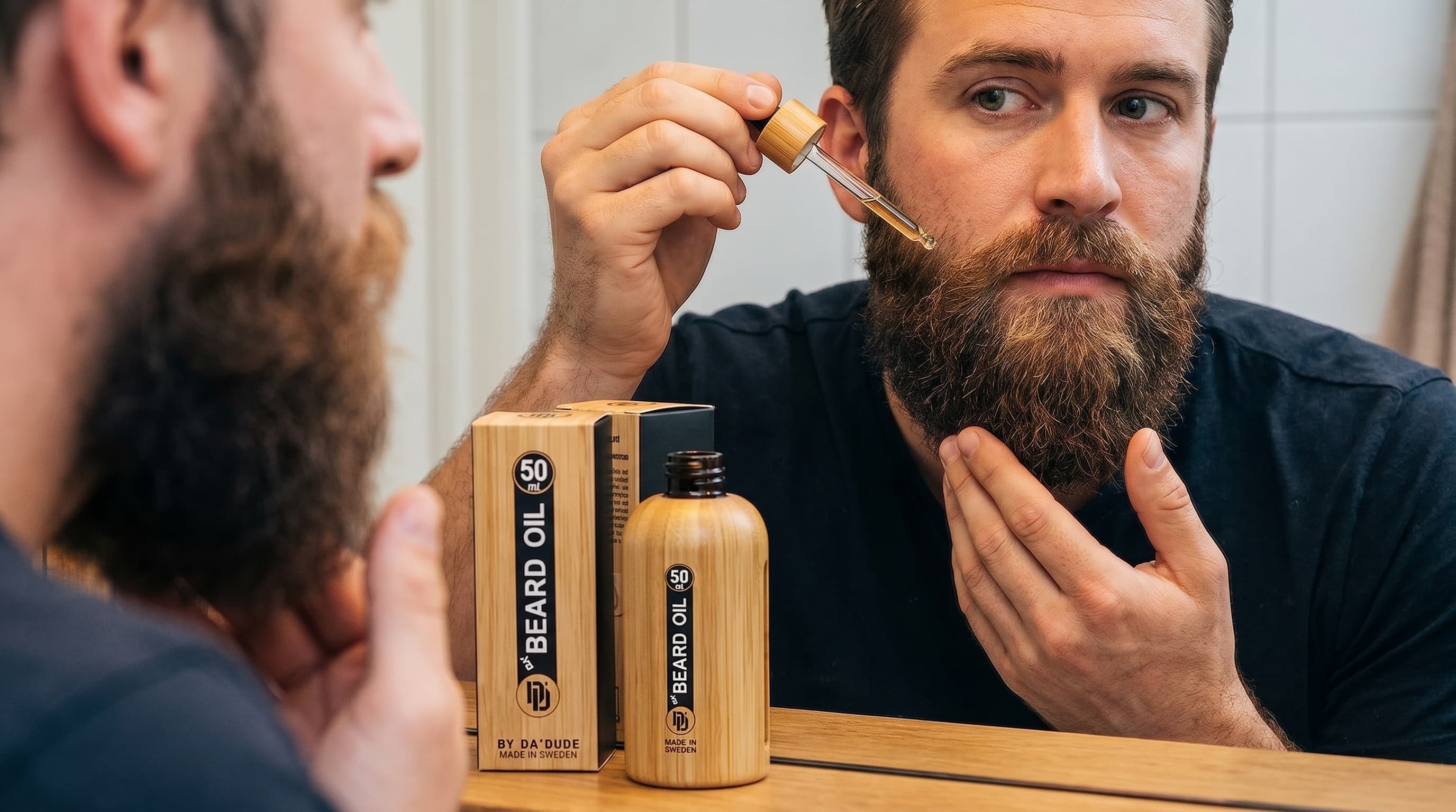 Man applying Da'Beard Oil with pipette for beard growth and conditioning