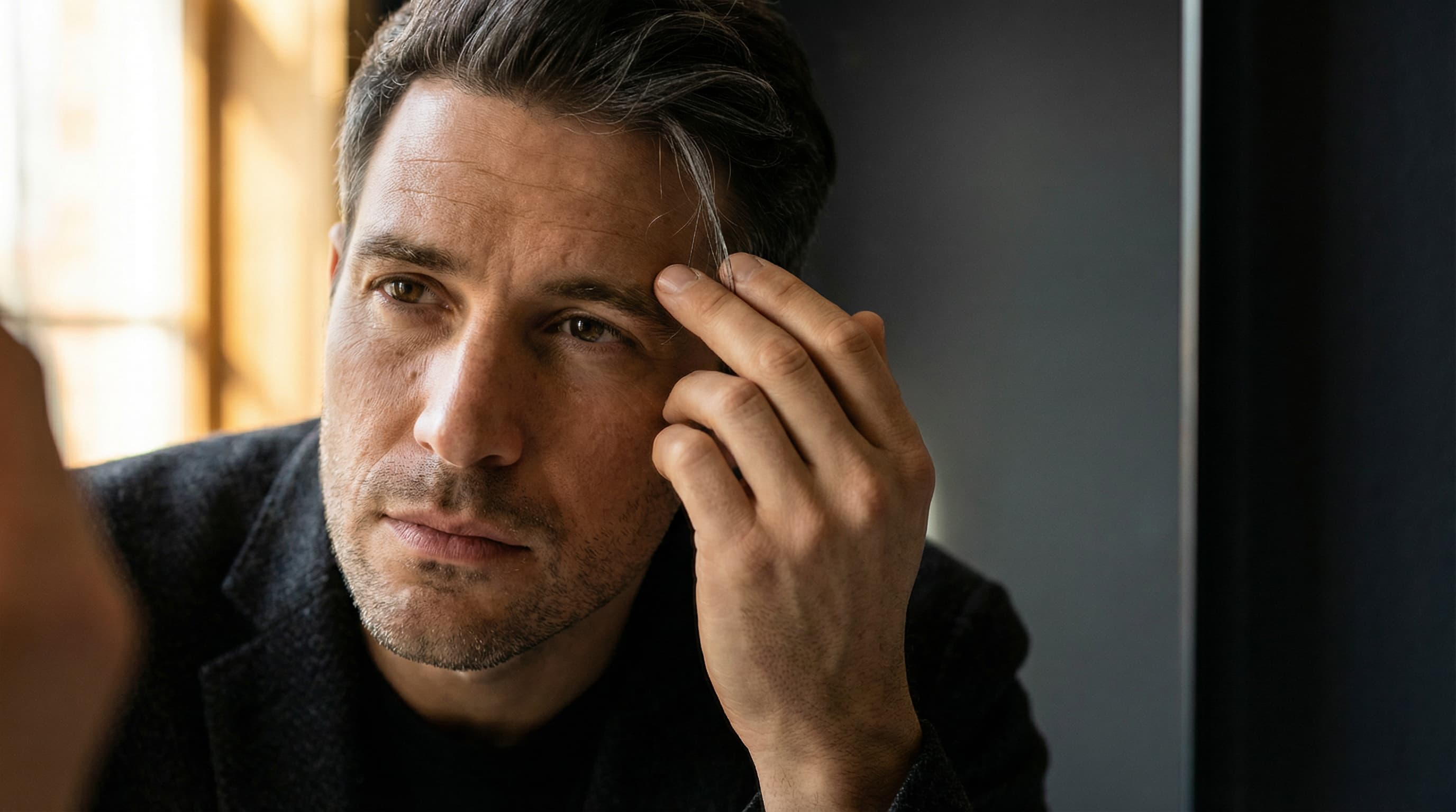 Man in his 30s noticing first gray hairs at his temple in the bathroom mirror