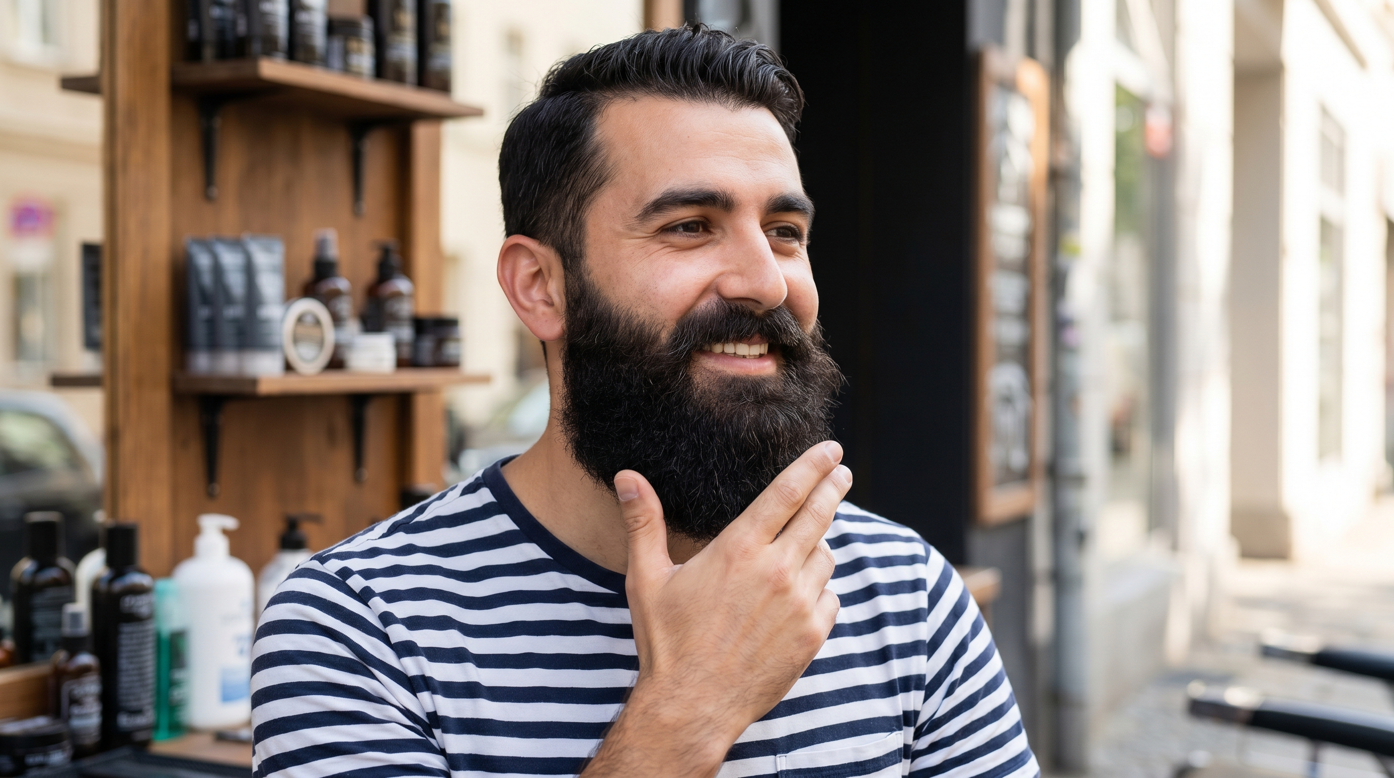 Man in striped tee with full healthy beard showcasing ideal beard grooming style