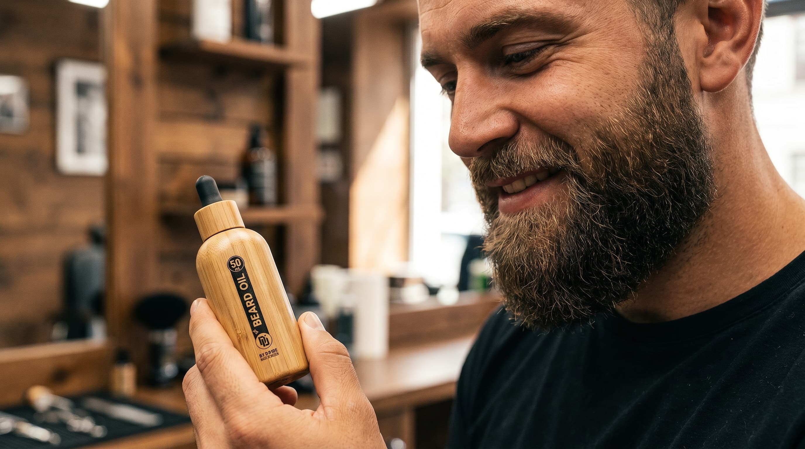 Man with well-groomed beard holding Da'Beard Oil bottle
