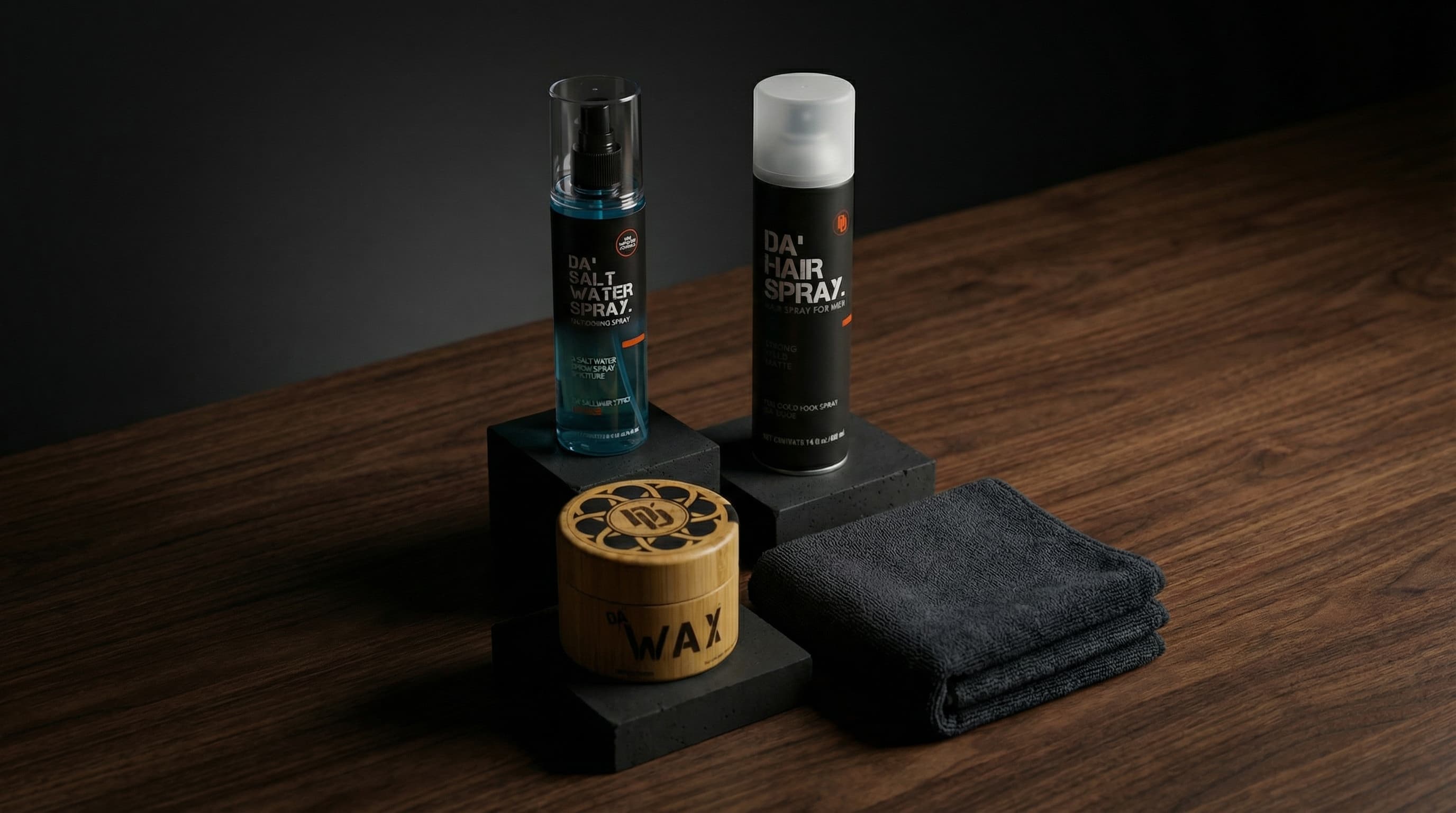 Men's essential hair care products including sulfate-free shampoo conditioner and styling spray