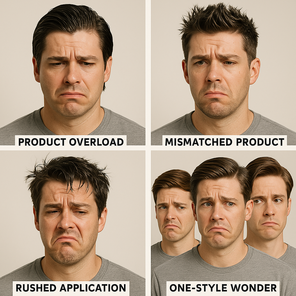 Common one-style hair mistake illustration showing men using same product for every occasion