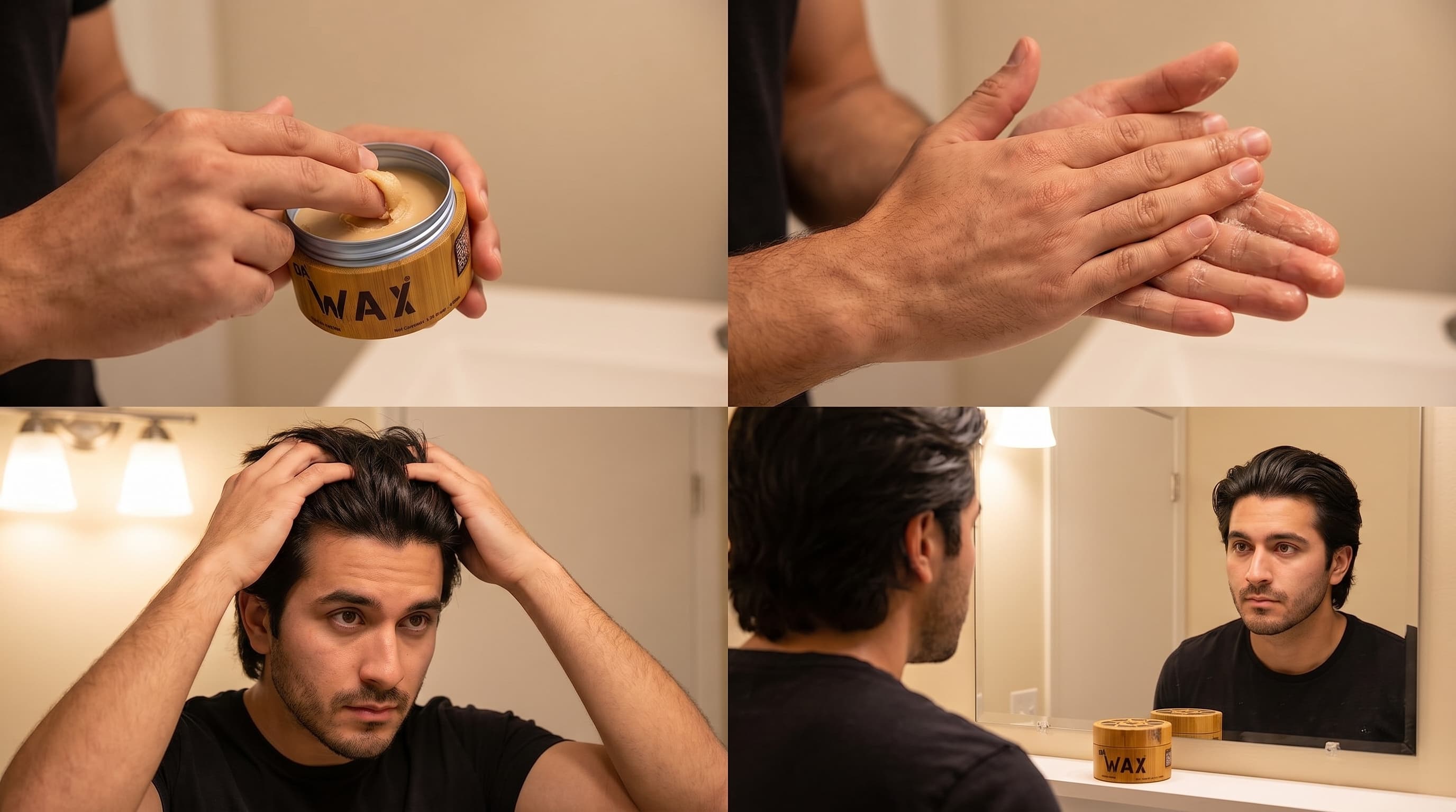 Step-by-step hair wax application technique for men: hand warming and even distribution