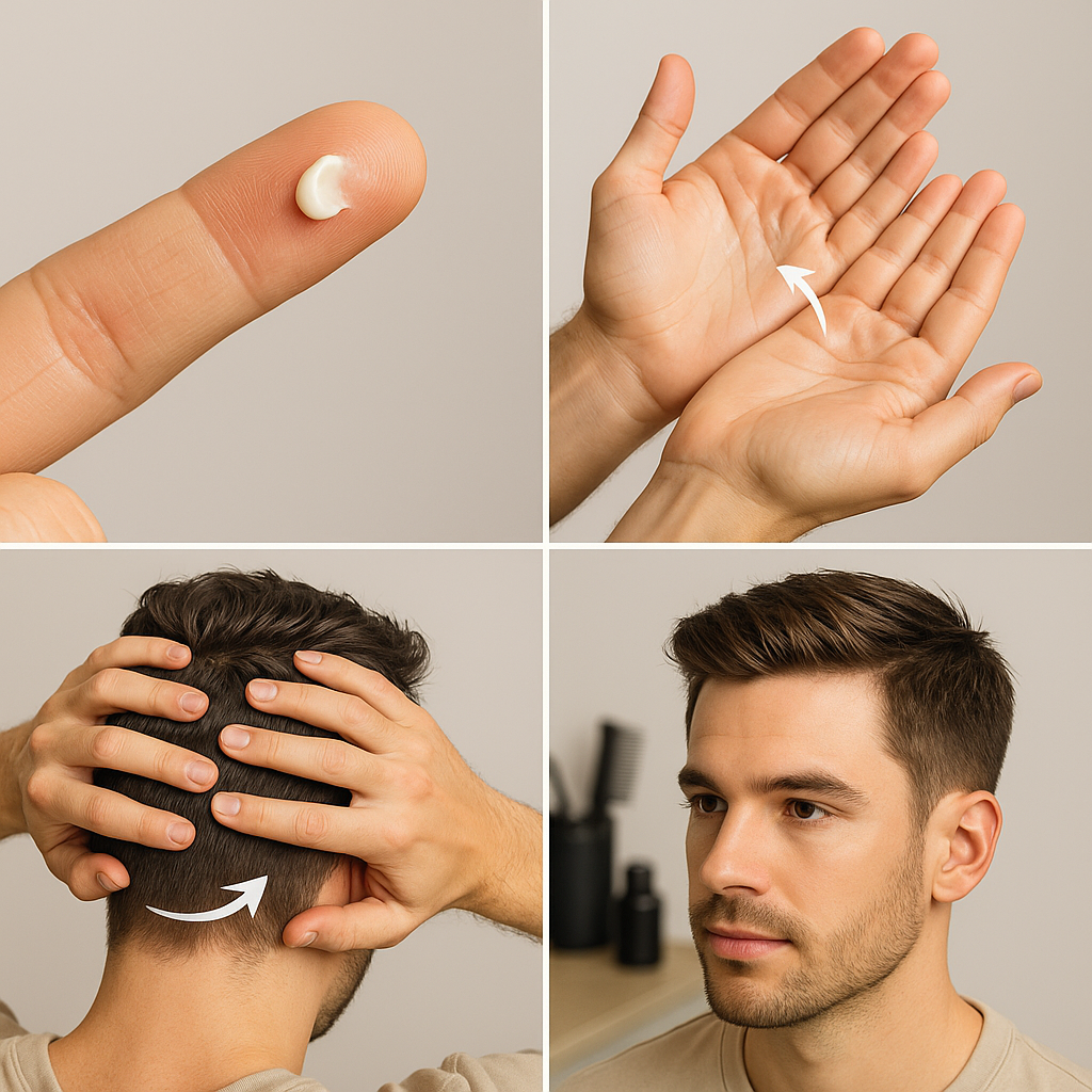 Step by step hair wax application technique for men showing proper hand warming and distribution