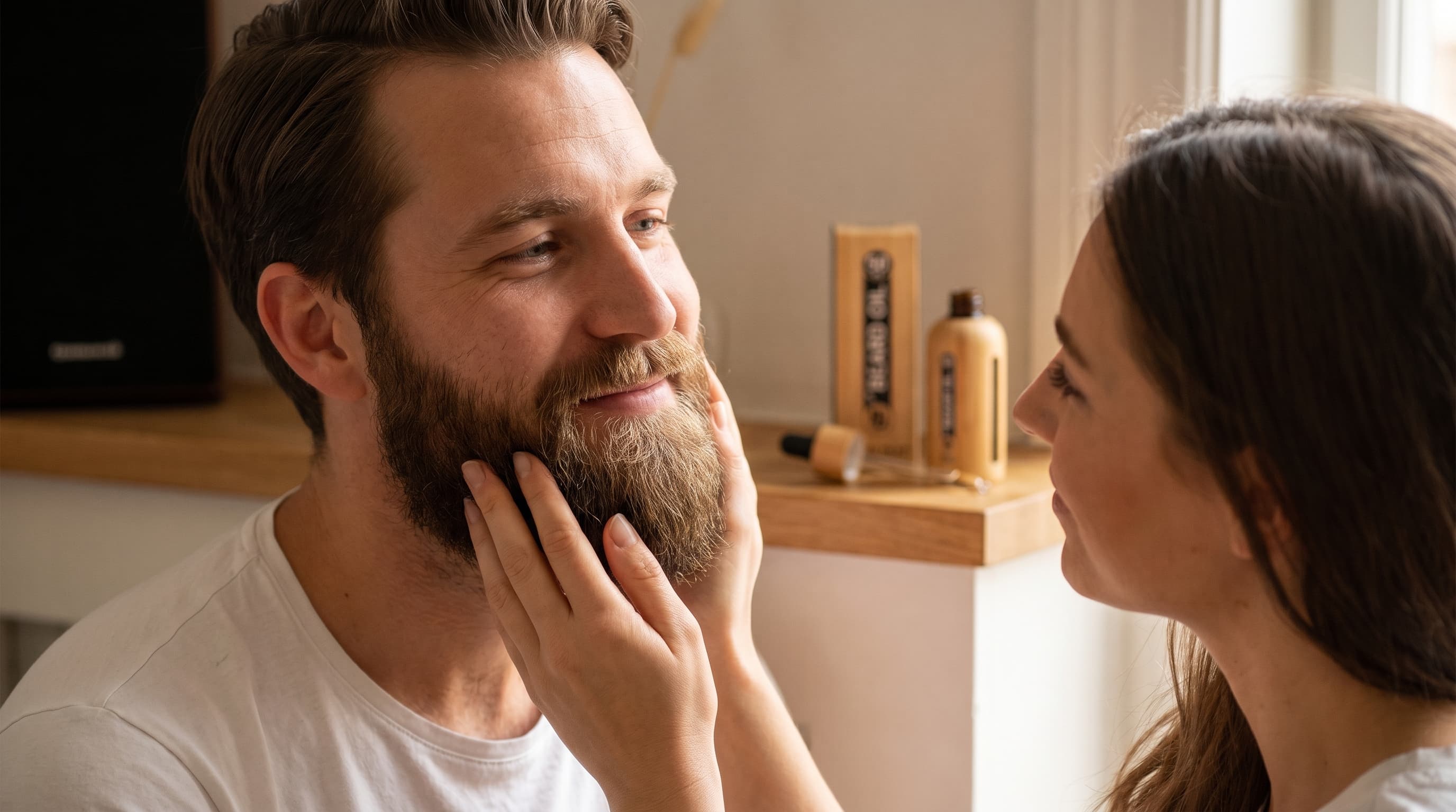 Woman stroking partner's beard &mdash; soft facial hair groomed with Da'Beard Oil