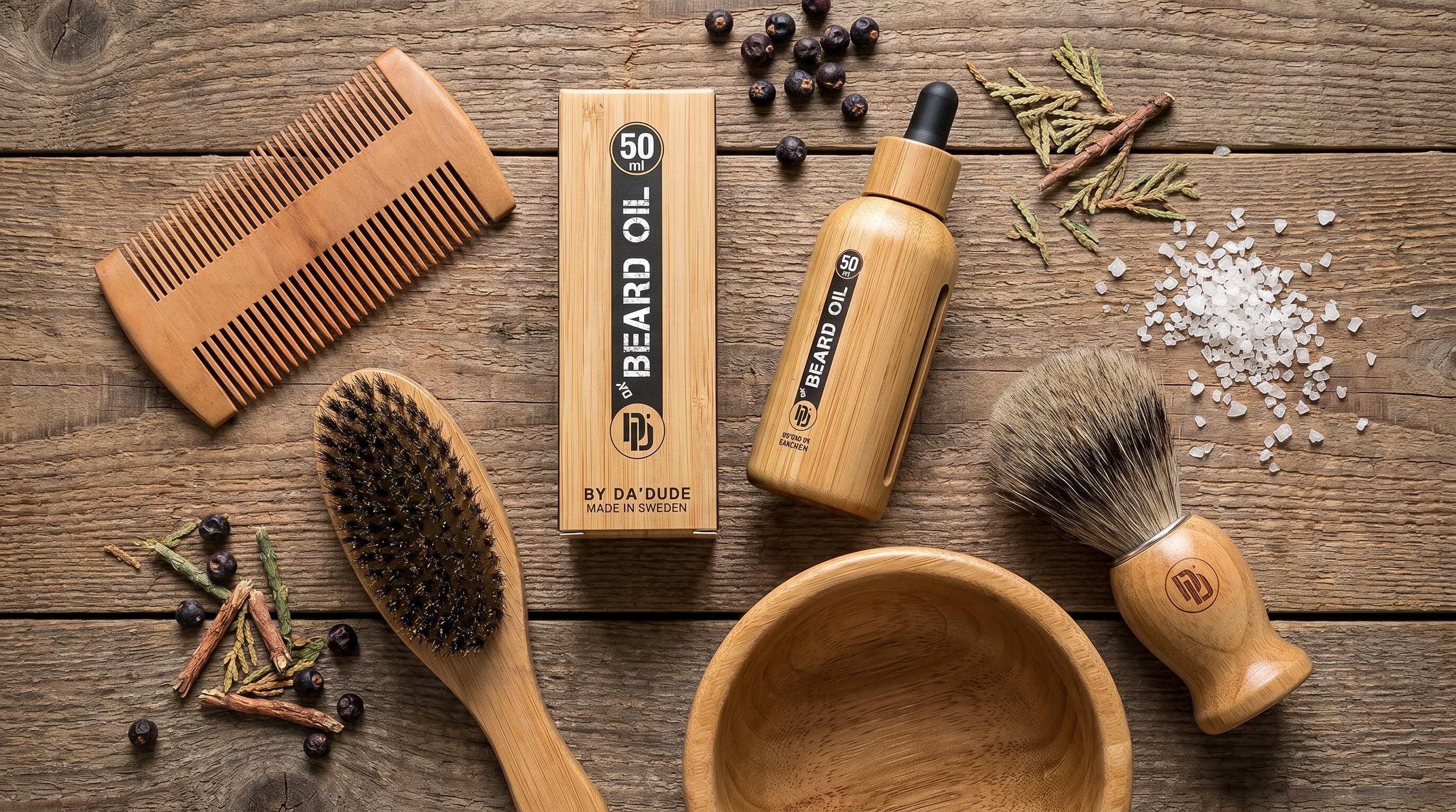 Wooden shaving accessories flat-lay alongside Da'Beard Oil for healthy beard care